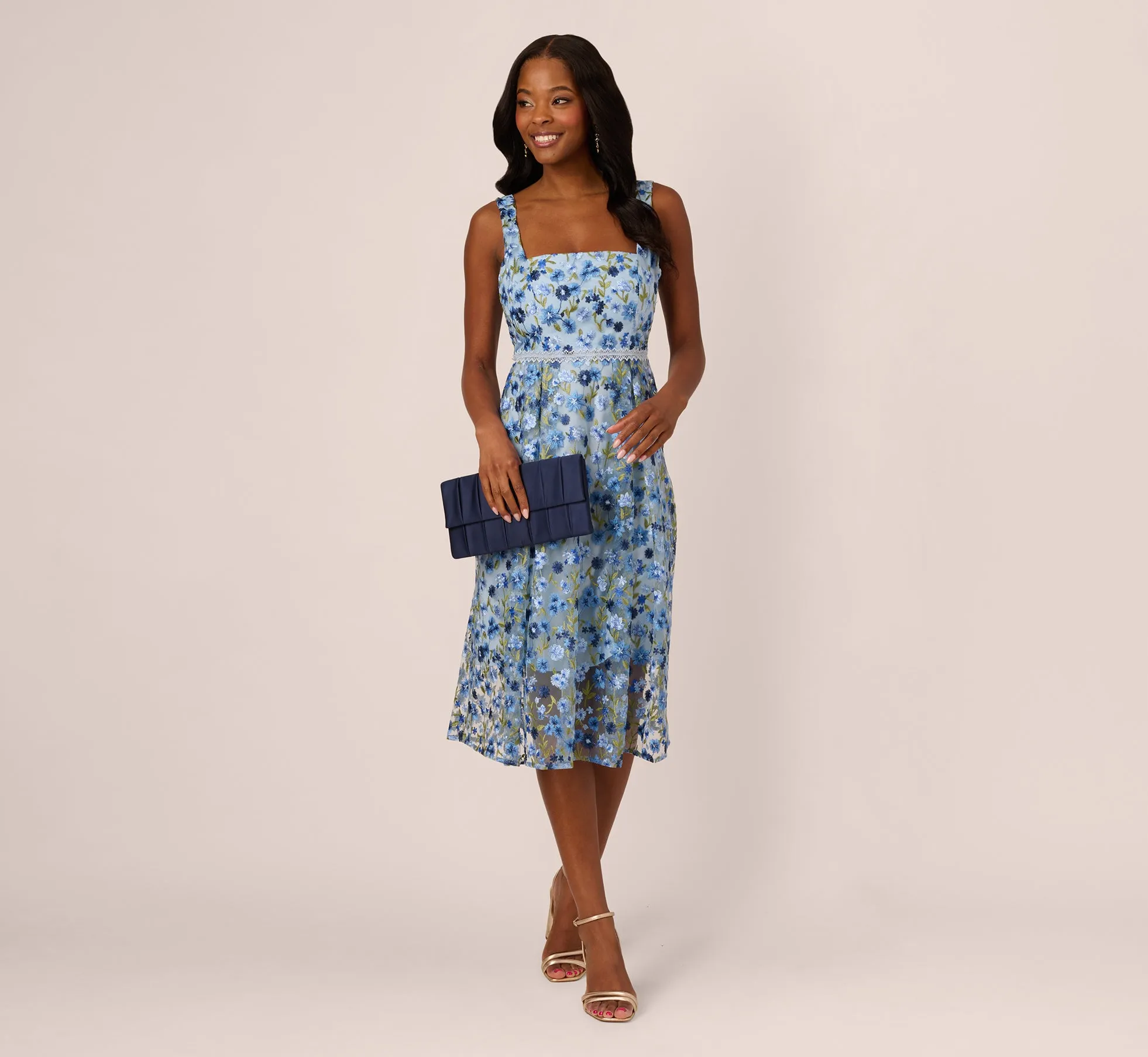 Sleeveless Square Neck Floral Embroidered Midi Dress In Blue Multi sold by Adrianna Papell product image thumbnail 2