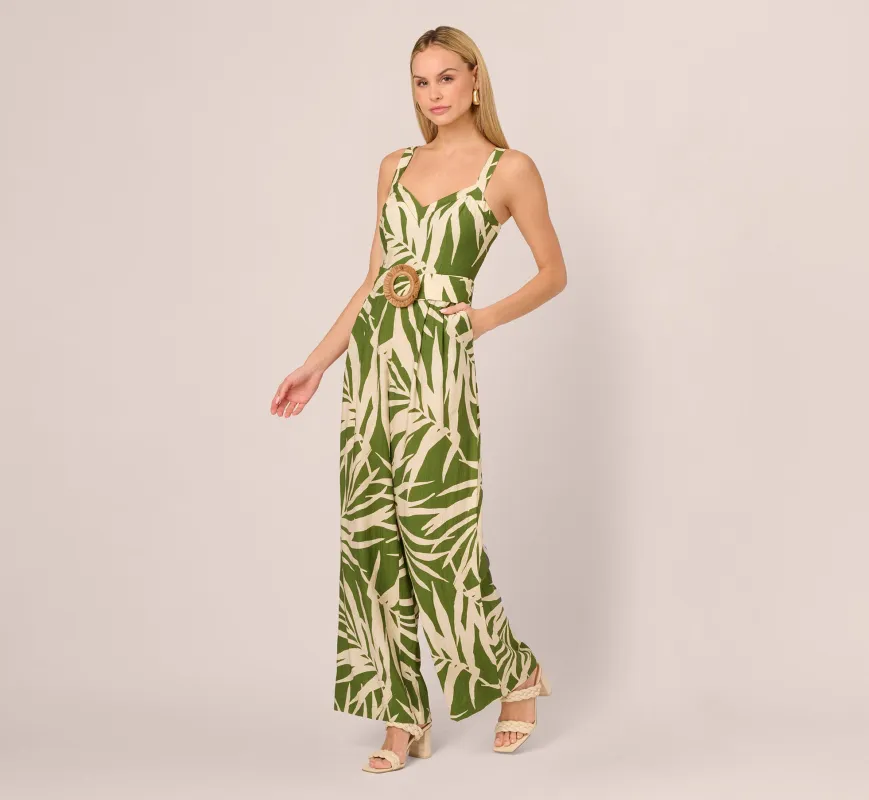 Sleeveless Palm Leaf Wide Leg Jumpsuit In Green Ivory sold by Adrianna Papell