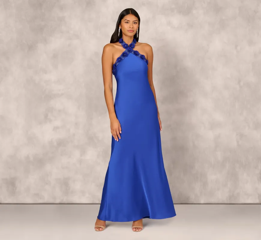 Satin Floral Beaded Halter Mermaid Gown In Deep Sapphire sold by Adrianna Papell