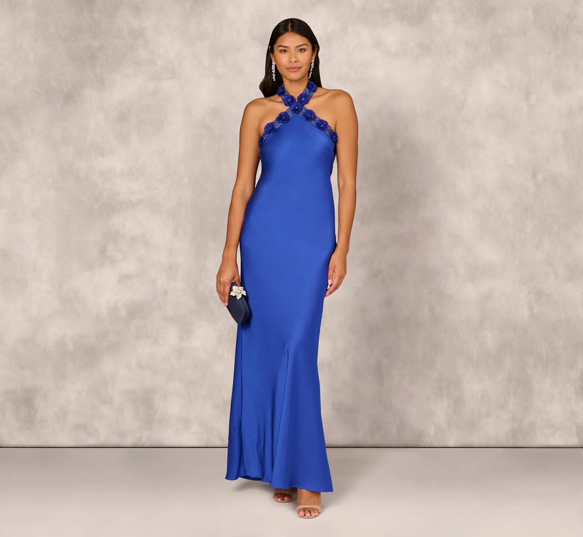 Satin Floral Beaded Halter Mermaid Gown In Deep Sapphire sold by Adrianna Papell product image thumbnail 2