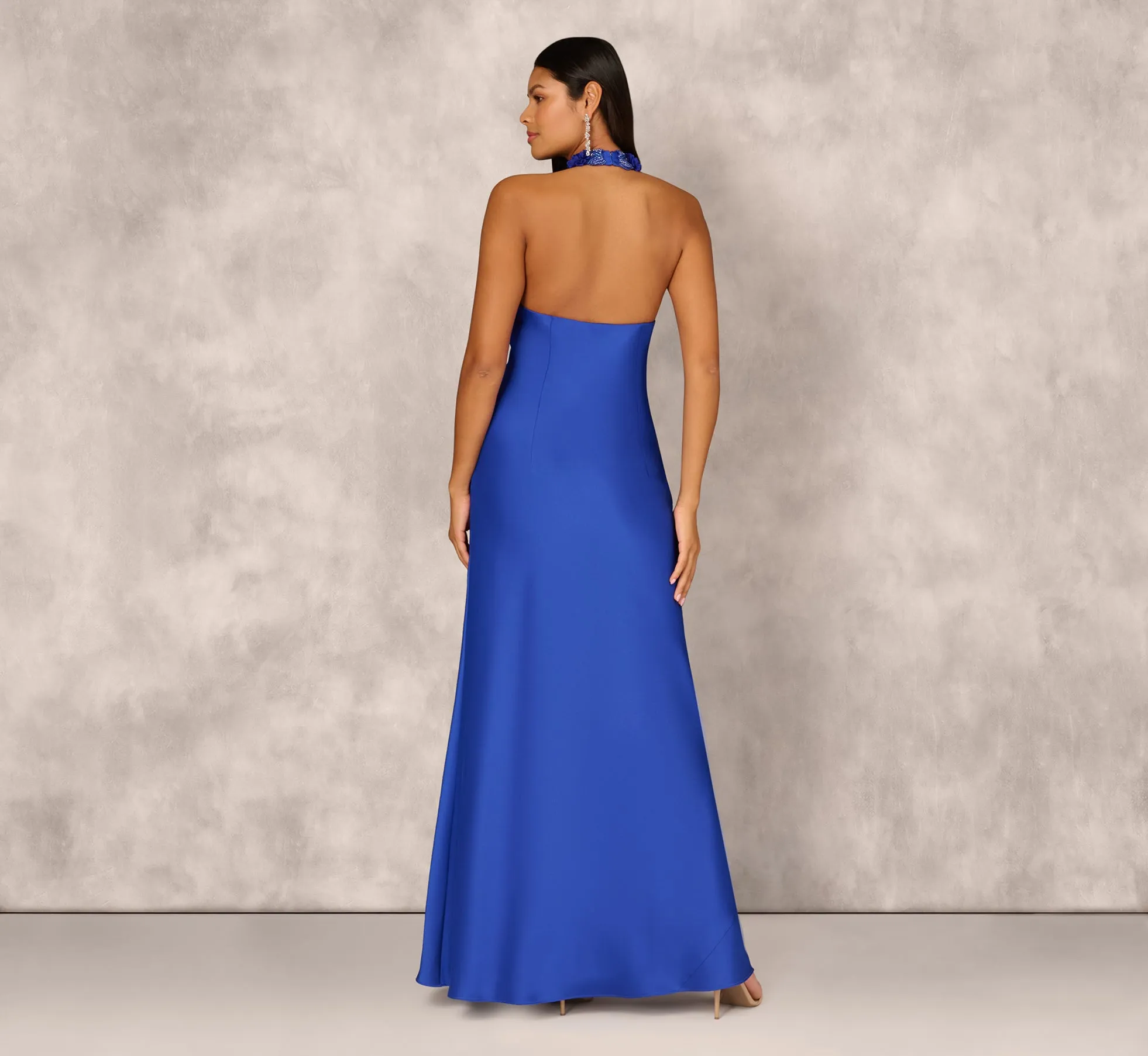 Satin Floral Beaded Halter Mermaid Gown In Deep Sapphire sold by Adrianna Papell product image thumbnail 5