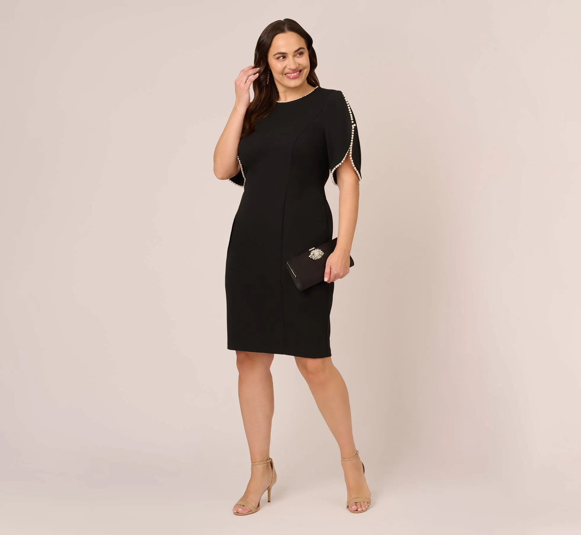 Plus Size Crepe Midi Length Sheath Dress With Pearly Trim In Black sold by Adrianna Papell product image thumbnail 2
