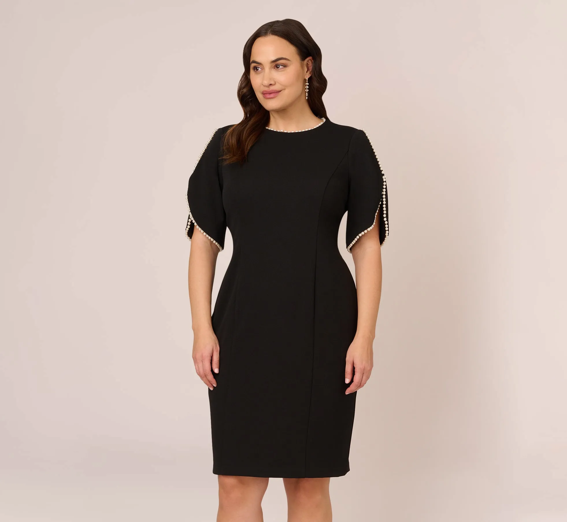 Plus Size Crepe Midi Length Sheath Dress With Pearly Trim In Black sold by Adrianna Papell