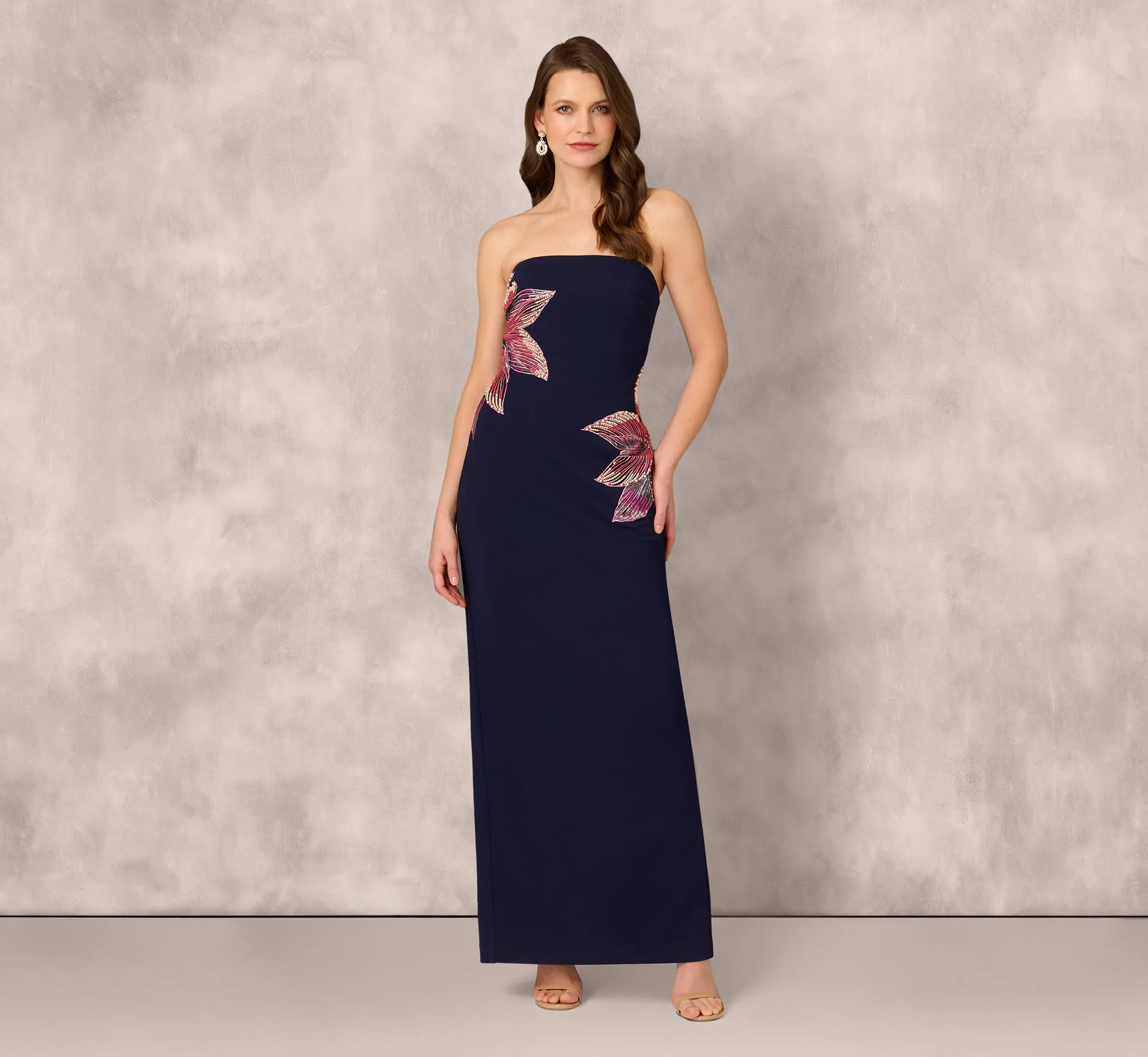 Strapless Beaded Flower Gown In Navy sold by Adrianna Papell