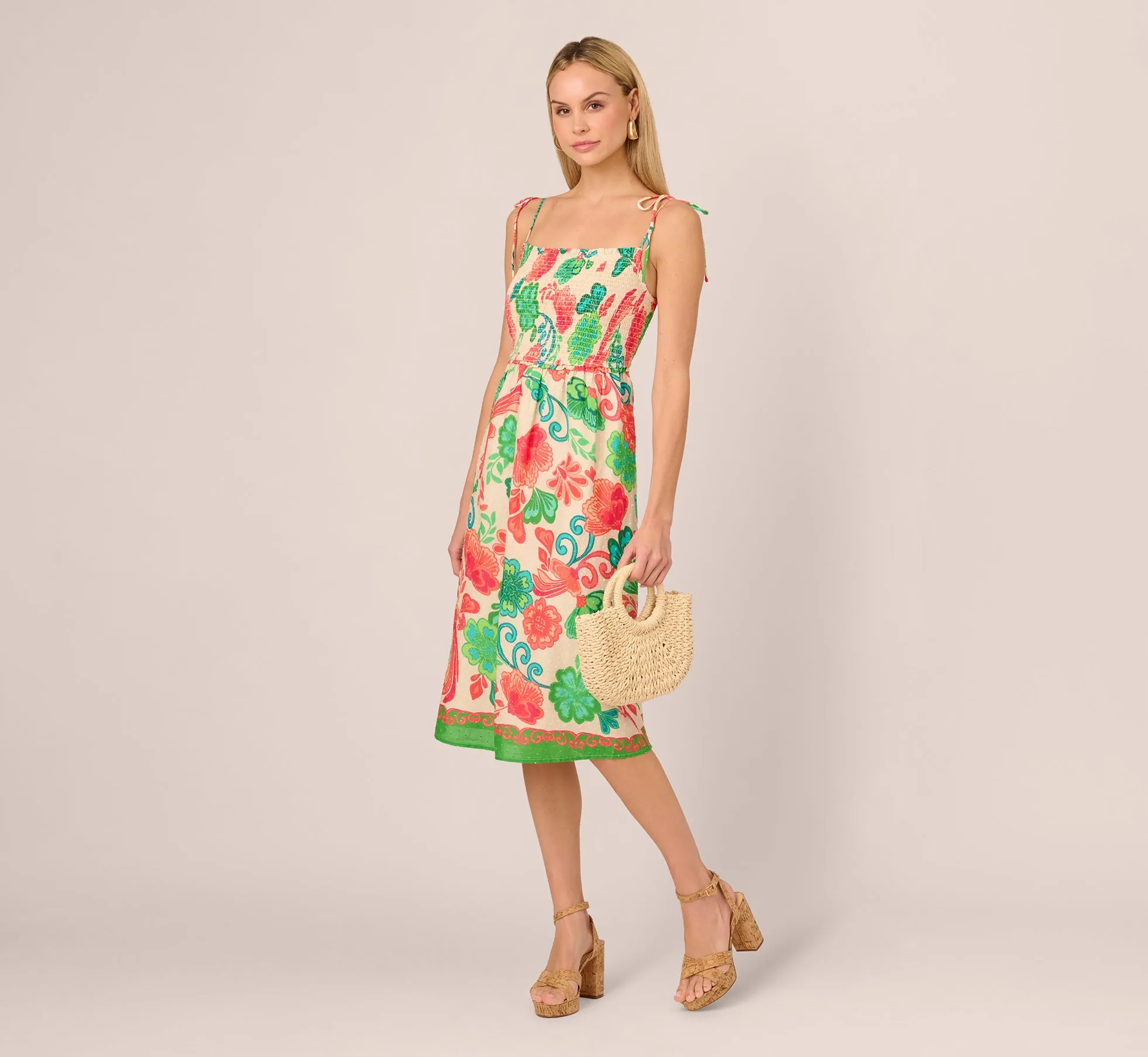 Floral Shirred Cotton Midi Sundress In Ivory Multi sold by Adrianna Papell product image thumbnail 2