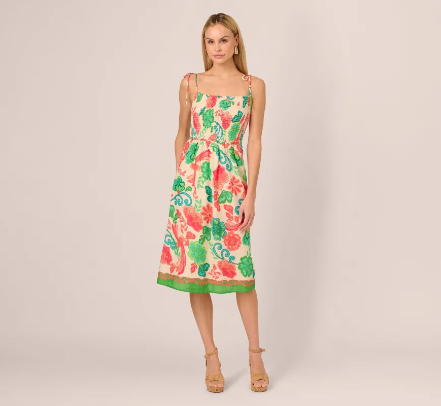 Floral Shirred Cotton Midi Sundress In Ivory Multi sold by Adrianna Papell
