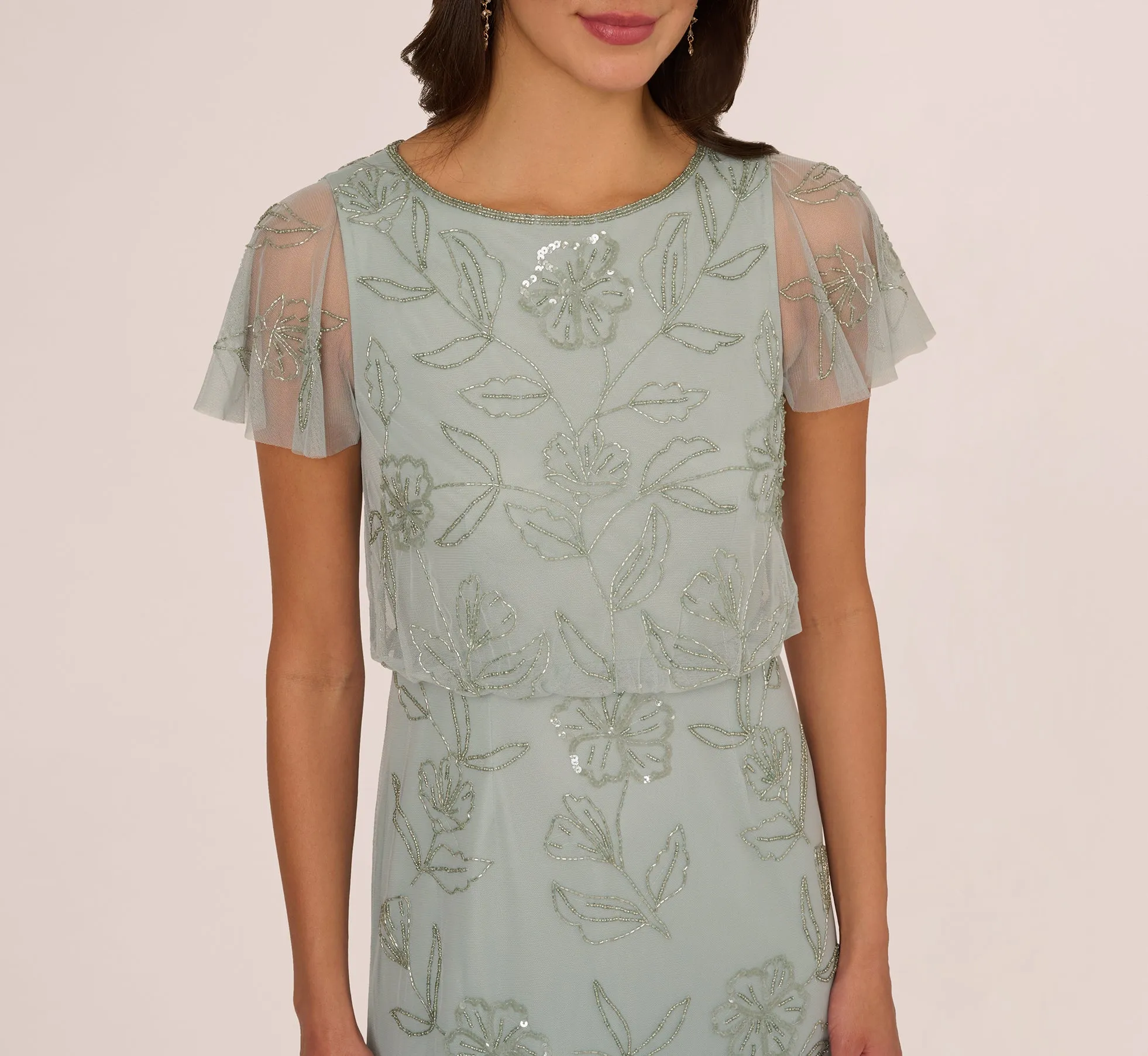 Flutter Sleeve Floral Beaded Blouson Gown In Aqua Dust sold by Adrianna Papell product image thumbnail 4