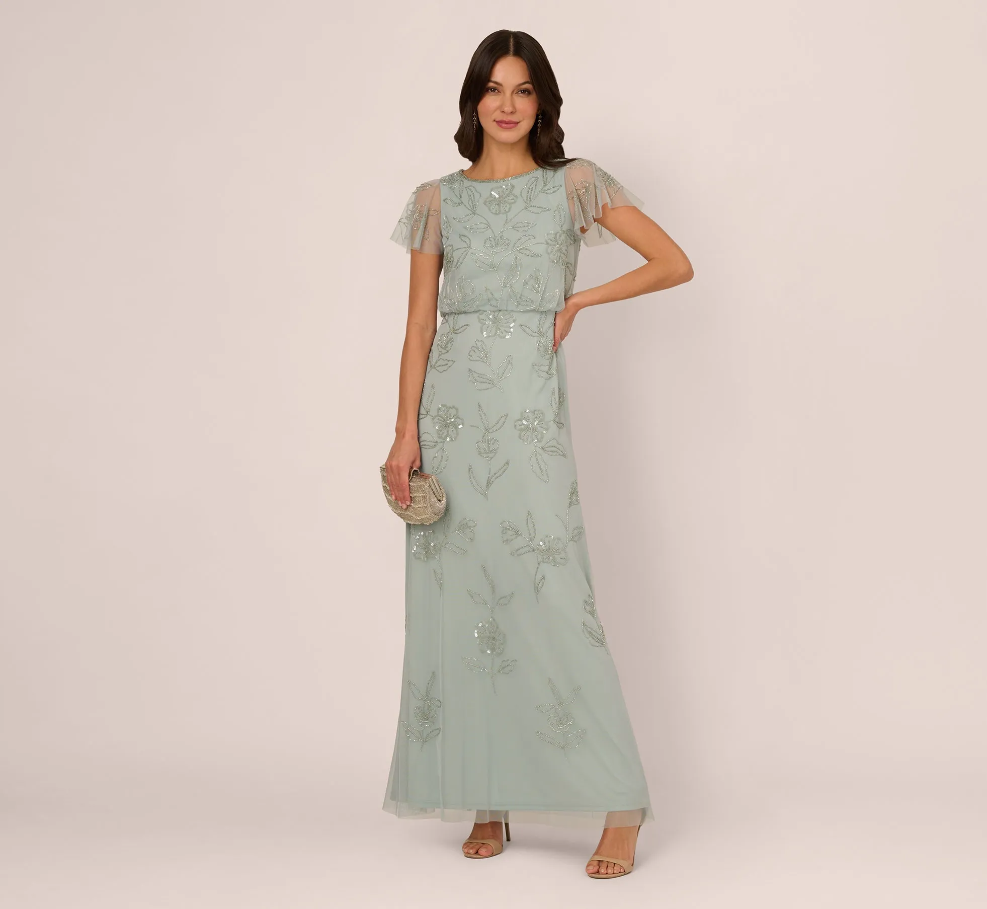 Flutter Sleeve Floral Beaded Blouson Gown In Aqua Dust sold by Adrianna Papell product image thumbnail 2
