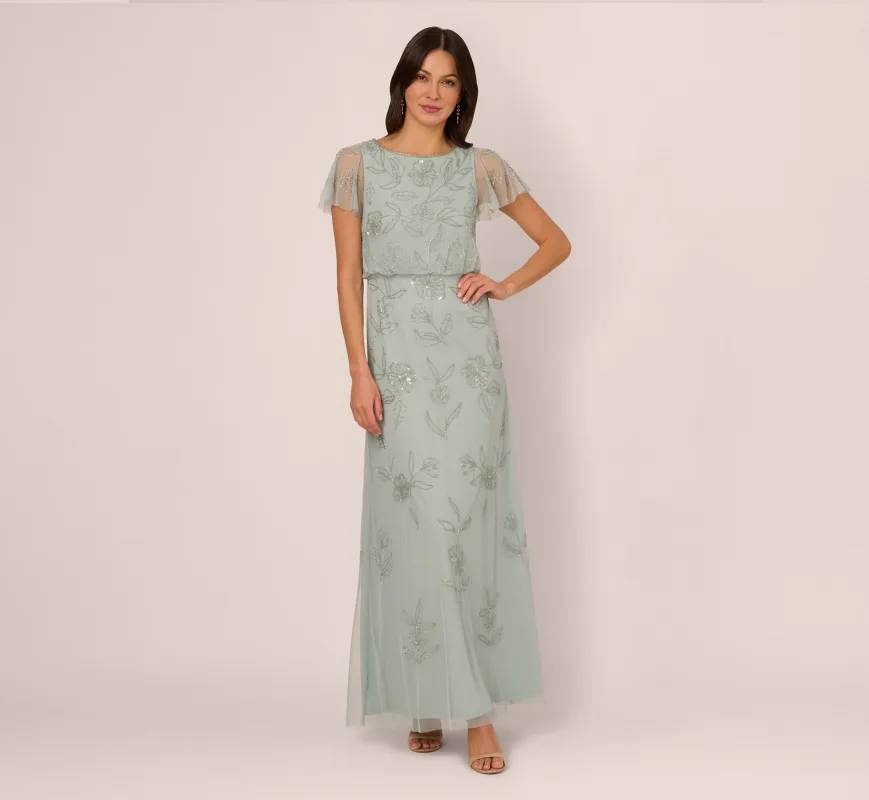 Flutter Sleeve Floral Beaded Blouson Gown In Aqua Dust sold by Adrianna Papell