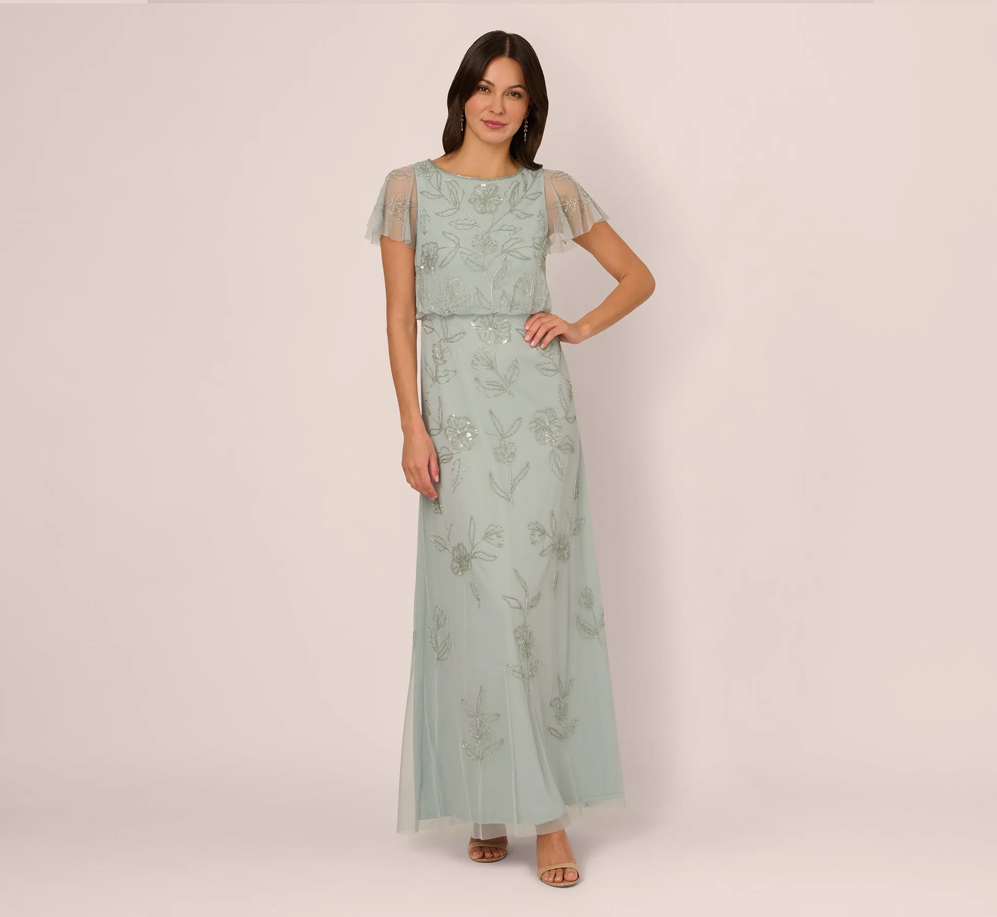 Flutter Sleeve Floral Beaded Blouson Gown In Aqua Dust sold by Adrianna Papell