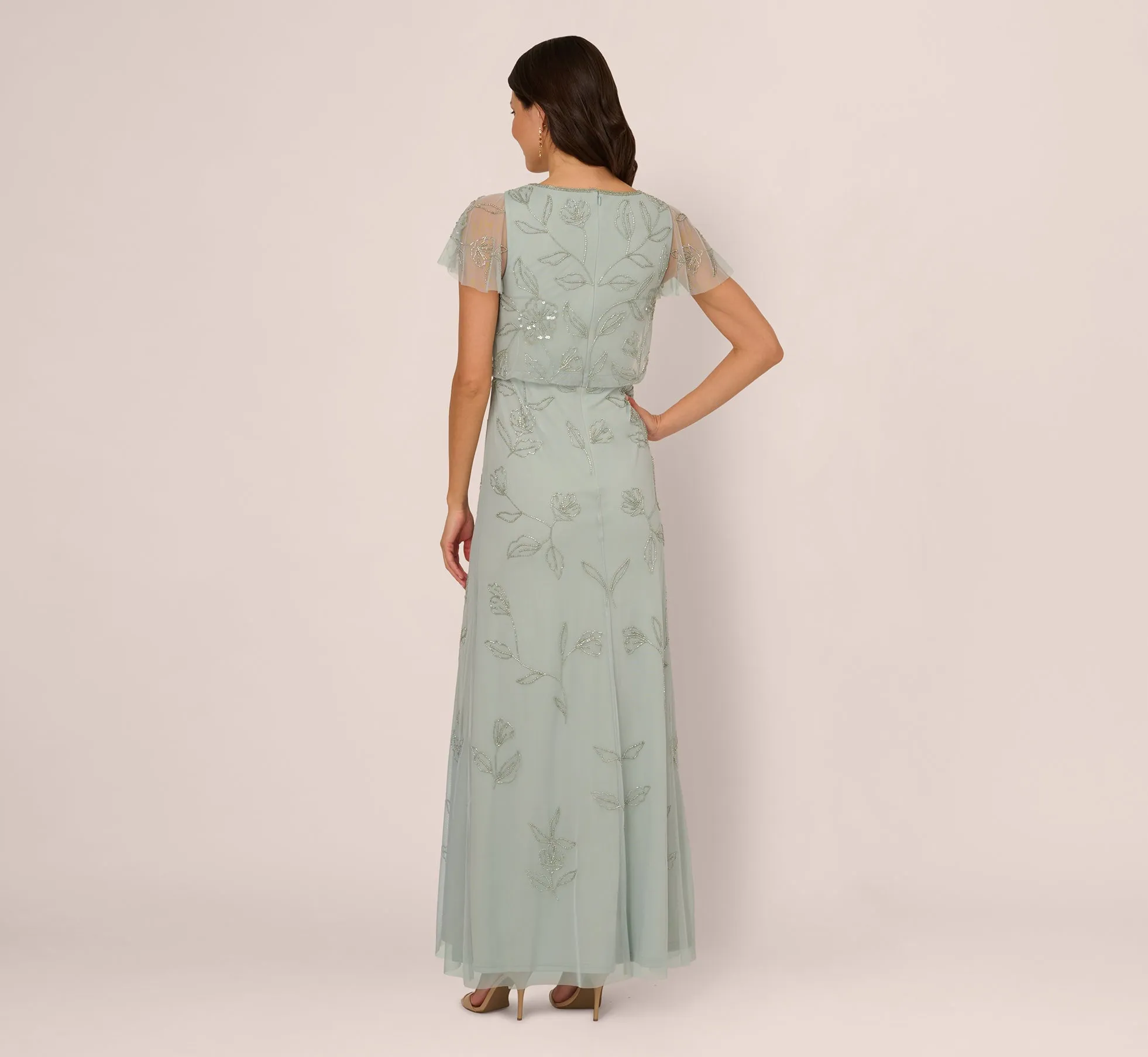 Flutter Sleeve Floral Beaded Blouson Gown In Aqua Dust sold by Adrianna Papell product image thumbnail 5