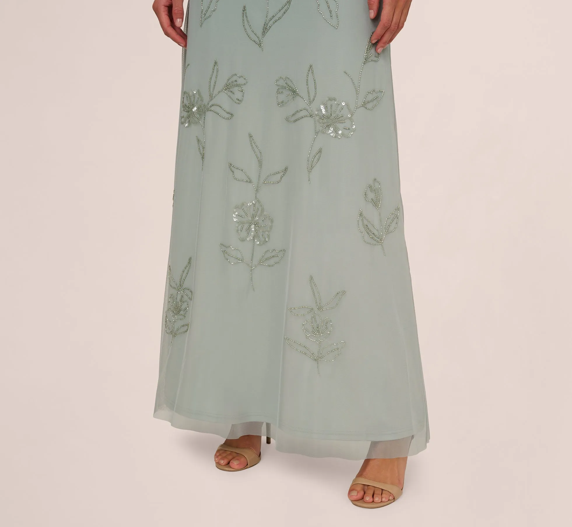 Flutter Sleeve Floral Beaded Blouson Gown In Aqua Dust sold by Adrianna Papell product image thumbnail 3