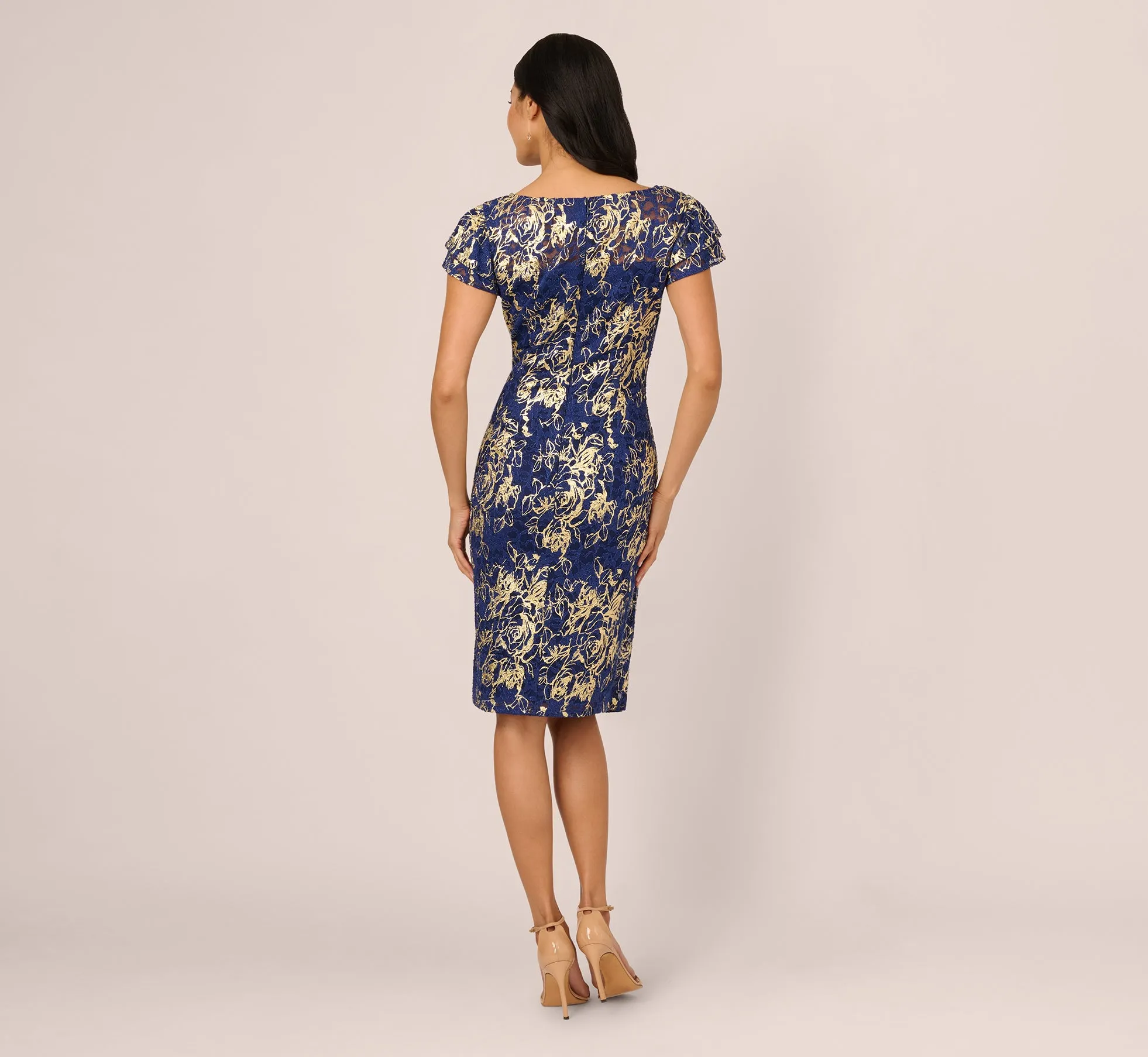 Cap Sleeve Foil Lace Sheath Dress In Navy Gold sold by Adrianna Papell product image thumbnail 5