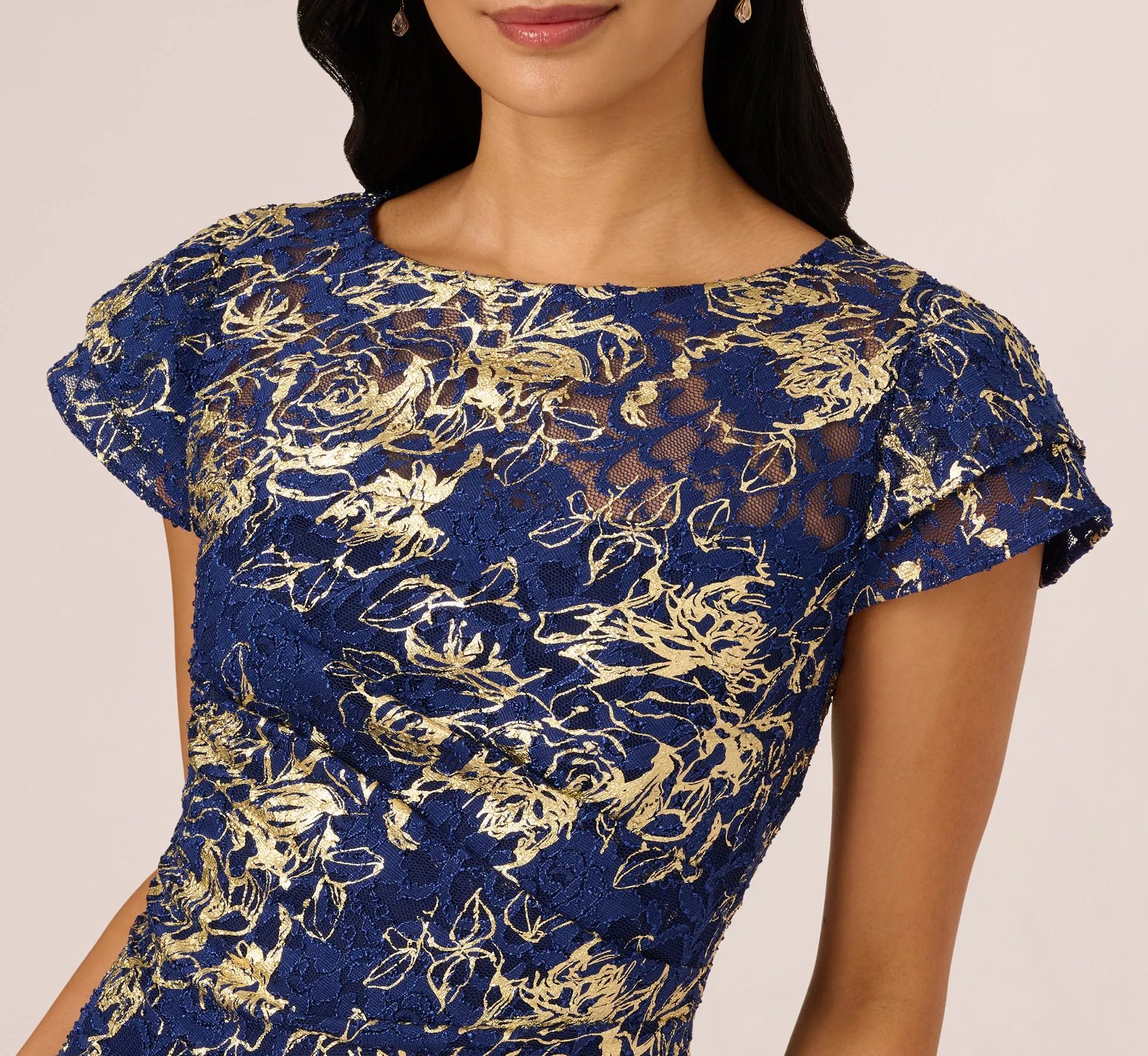 Cap Sleeve Foil Lace Sheath Dress In Navy Gold sold by Adrianna Papell product image thumbnail 3