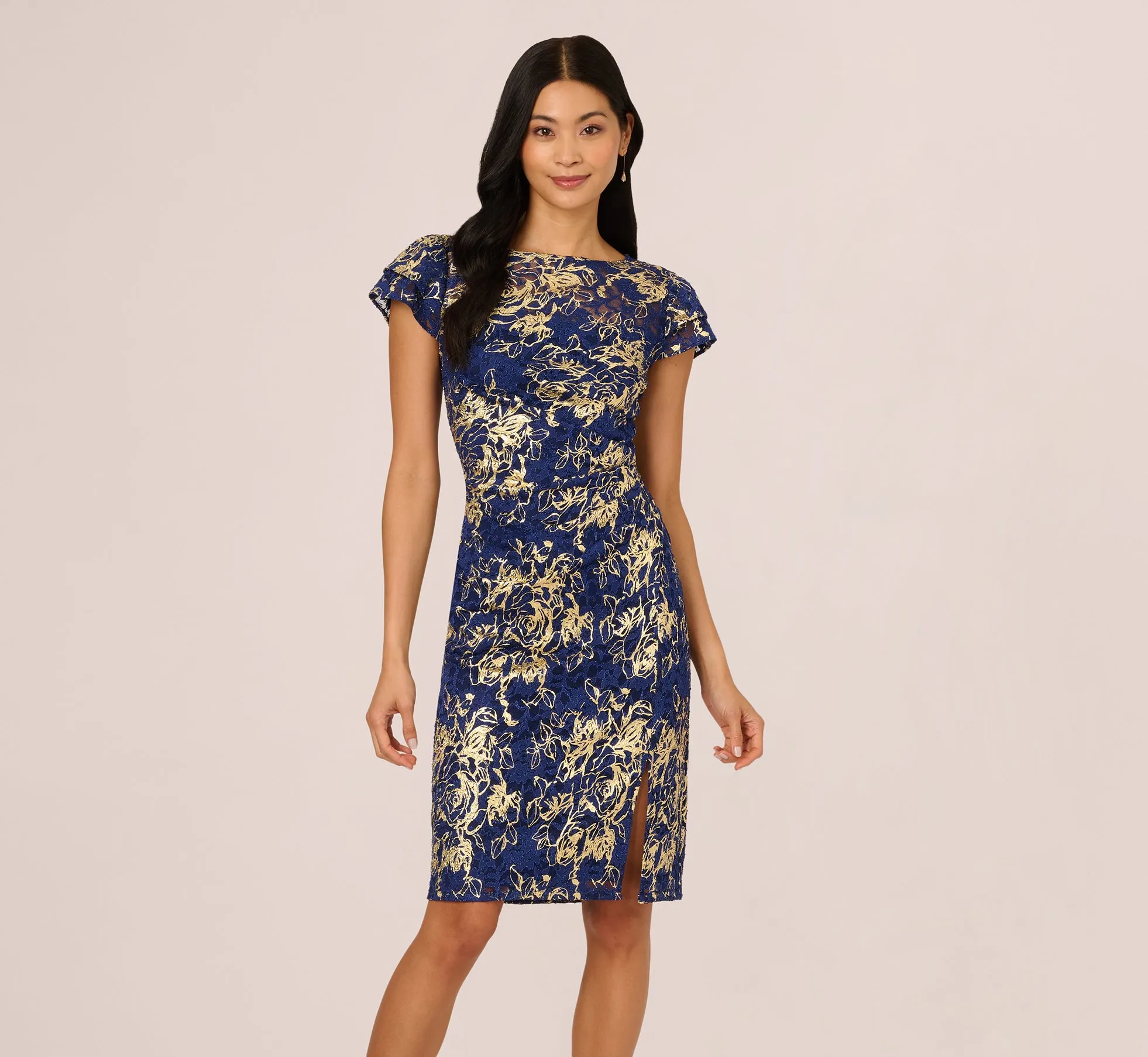 Cap Sleeve Foil Lace Sheath Dress In Navy Gold sold by Adrianna Papell
