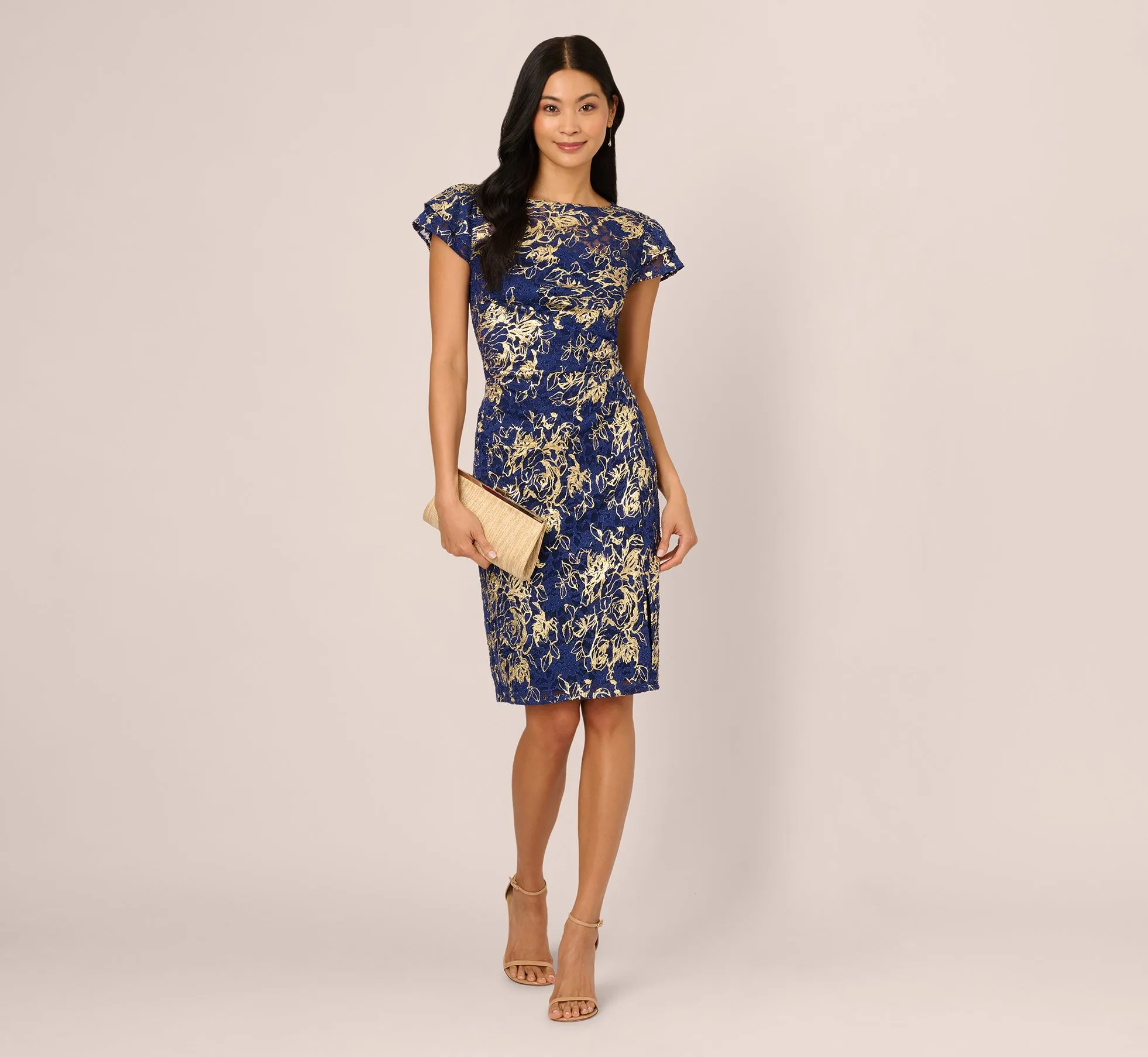 Cap Sleeve Foil Lace Sheath Dress In Navy Gold sold by Adrianna Papell product image thumbnail 2