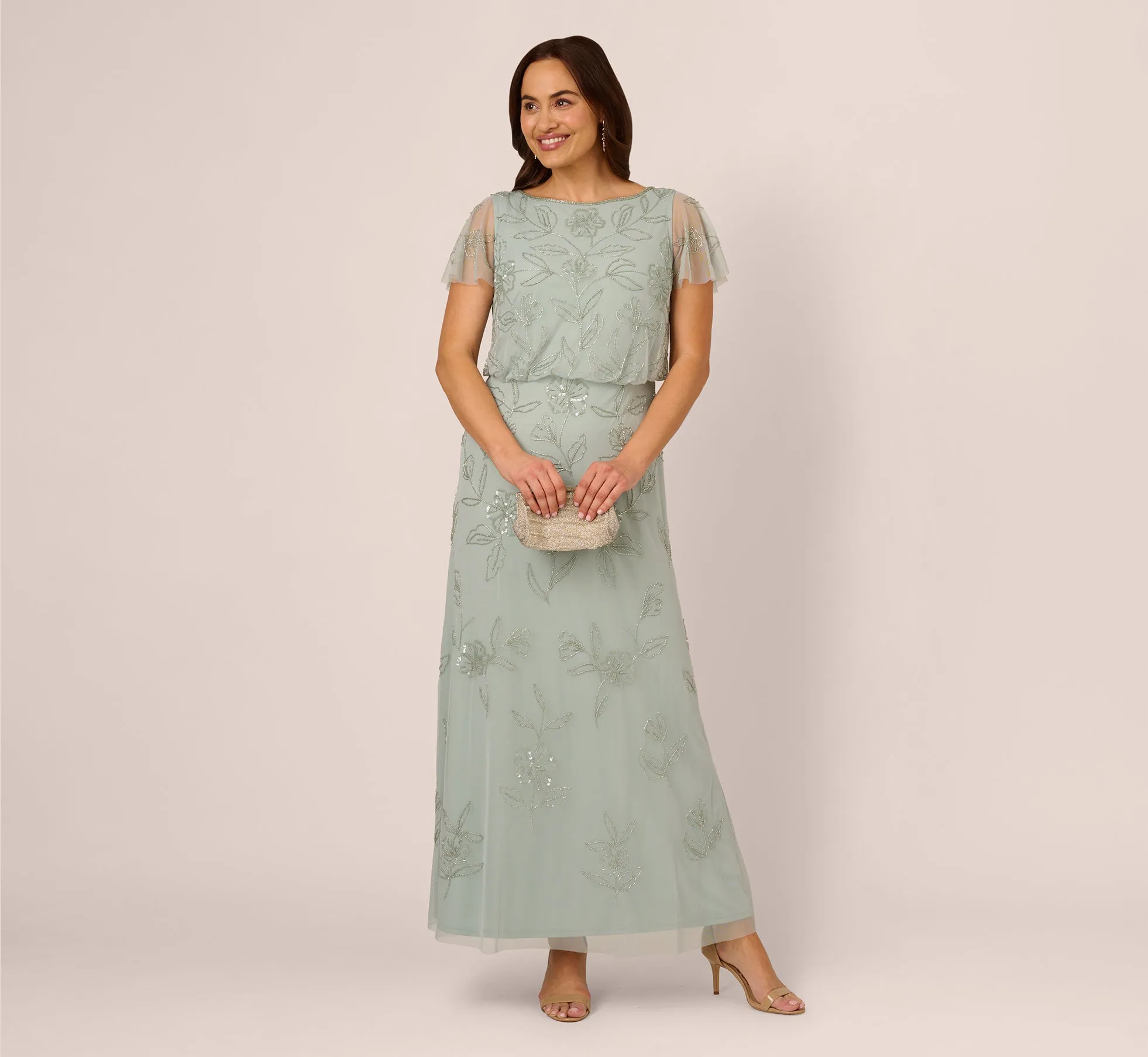 Plus Size Flutter Sleeve Floral Beaded Blouson Gown In Aqua Dust sold by Adrianna Papell product image thumbnail 2