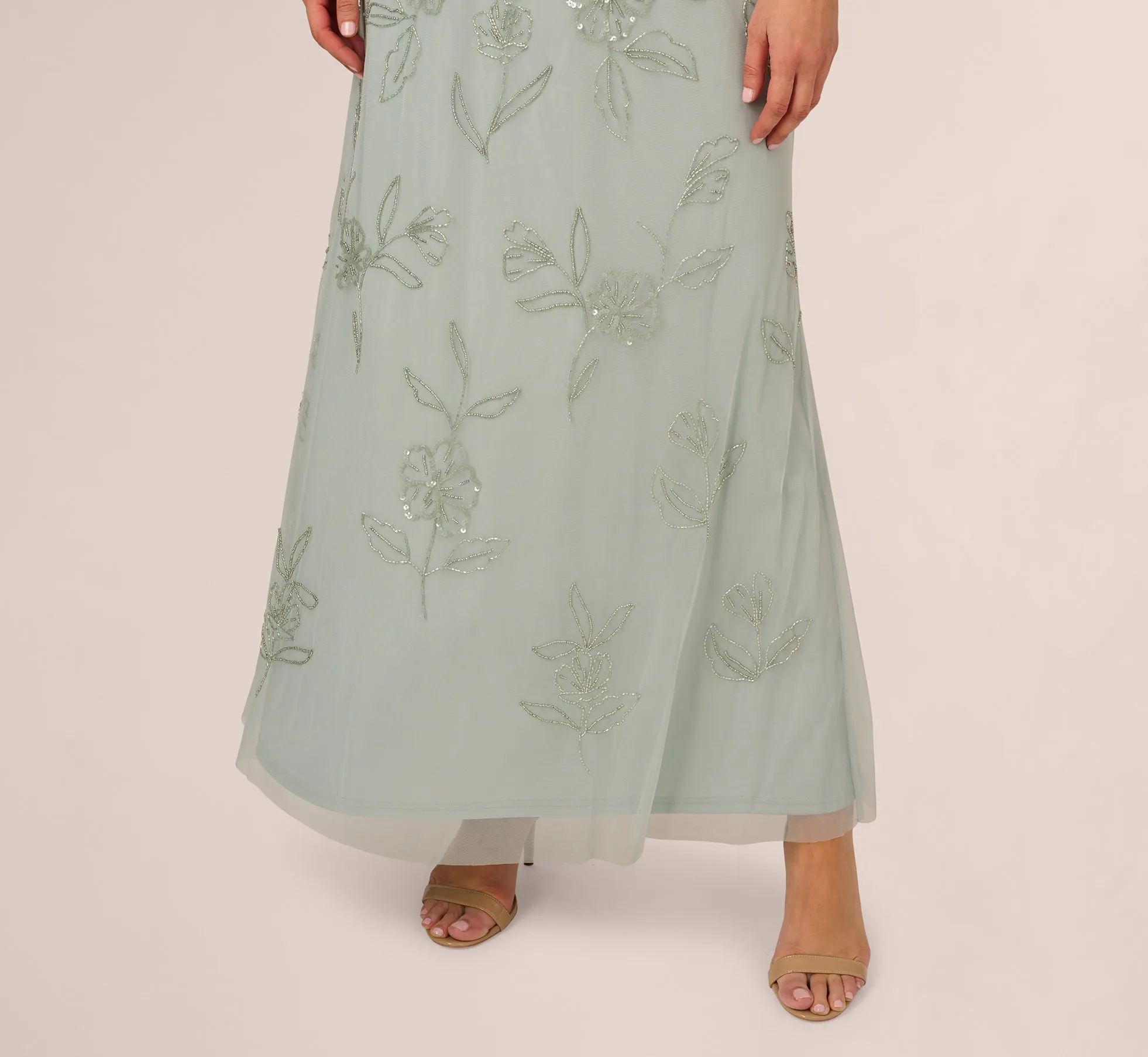 Plus Size Flutter Sleeve Floral Beaded Blouson Gown In Aqua Dust sold by Adrianna Papell product image thumbnail 4