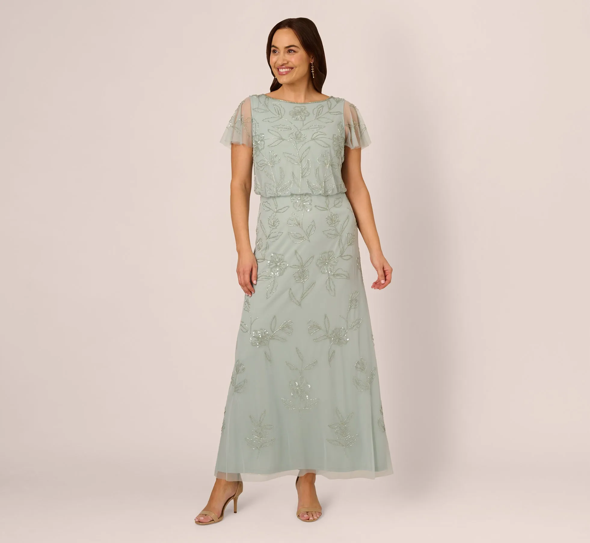 Plus Size Flutter Sleeve Floral Beaded Blouson Gown In Aqua Dust sold by Adrianna Papell