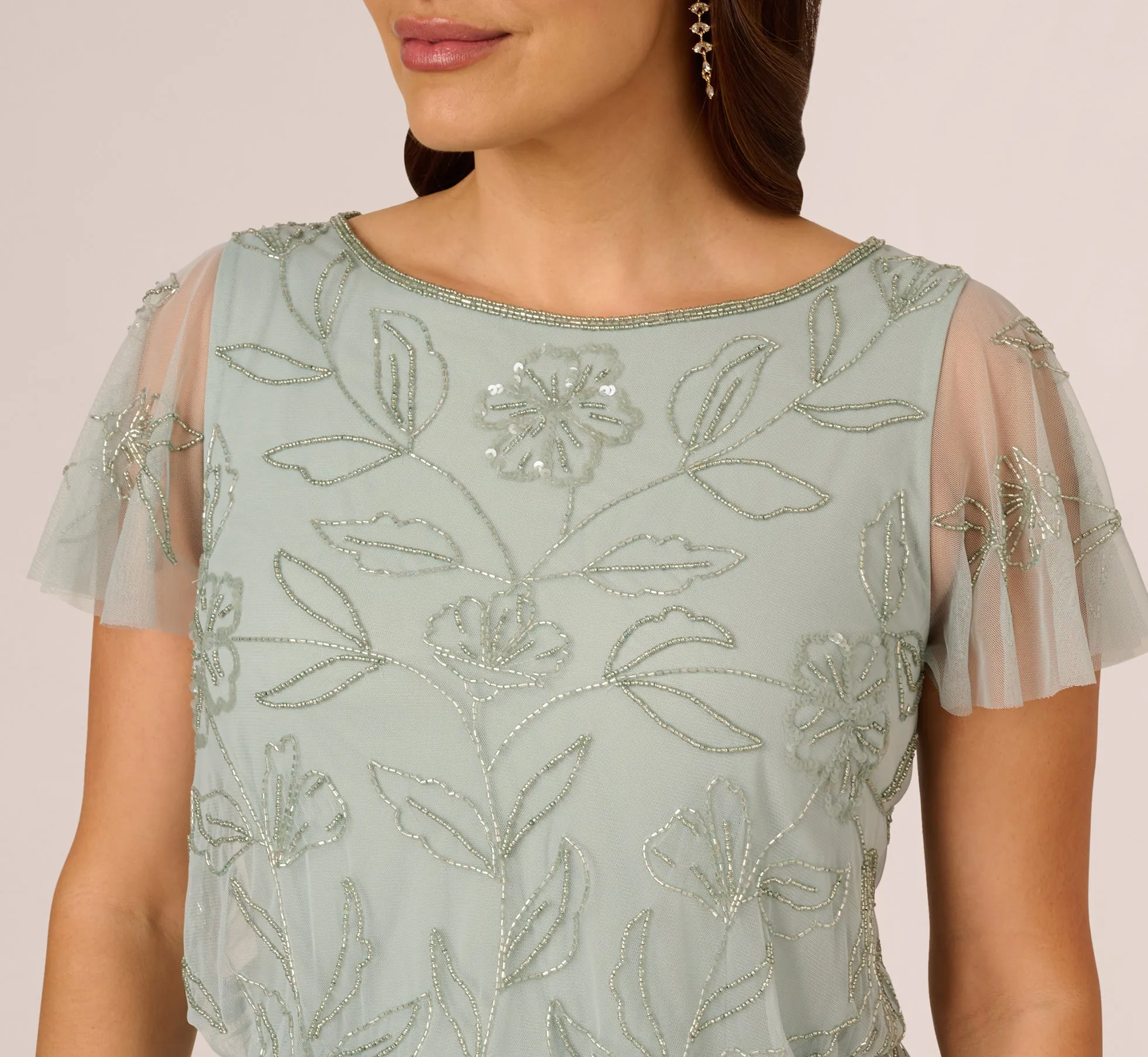 Plus Size Flutter Sleeve Floral Beaded Blouson Gown In Aqua Dust sold by Adrianna Papell product image thumbnail 3