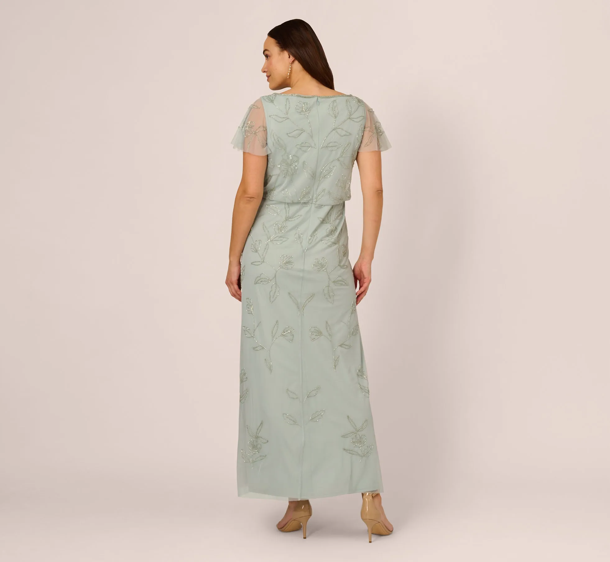Plus Size Flutter Sleeve Floral Beaded Blouson Gown In Aqua Dust sold by Adrianna Papell product image thumbnail 5