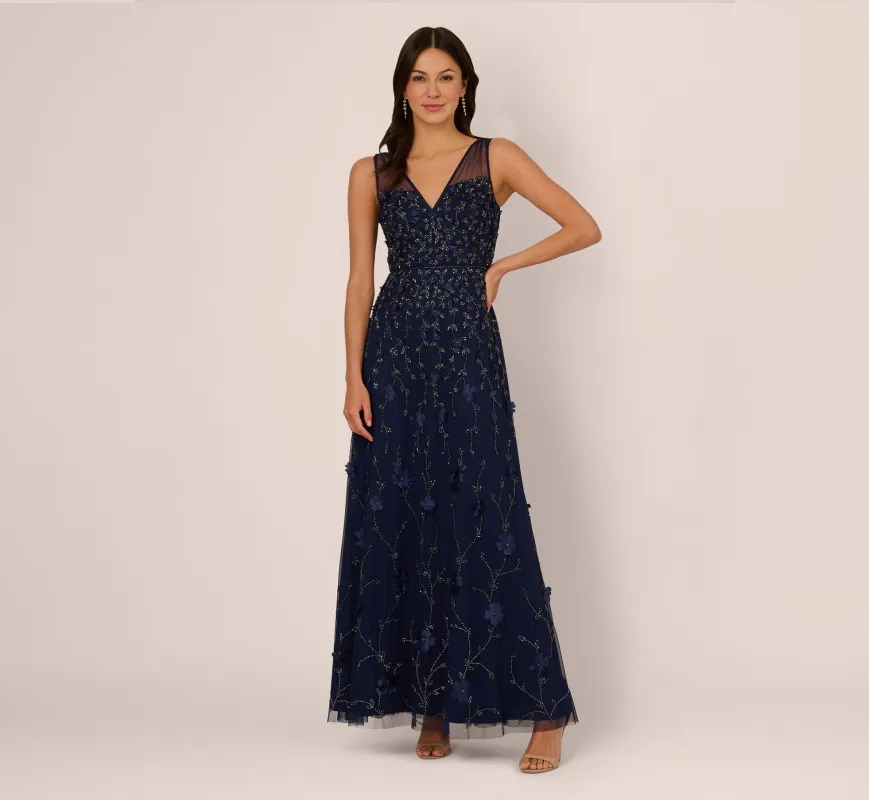 Sleeveless Illusion 3D Petal Beaded Gown In Light Navy sold by Adrianna Papell