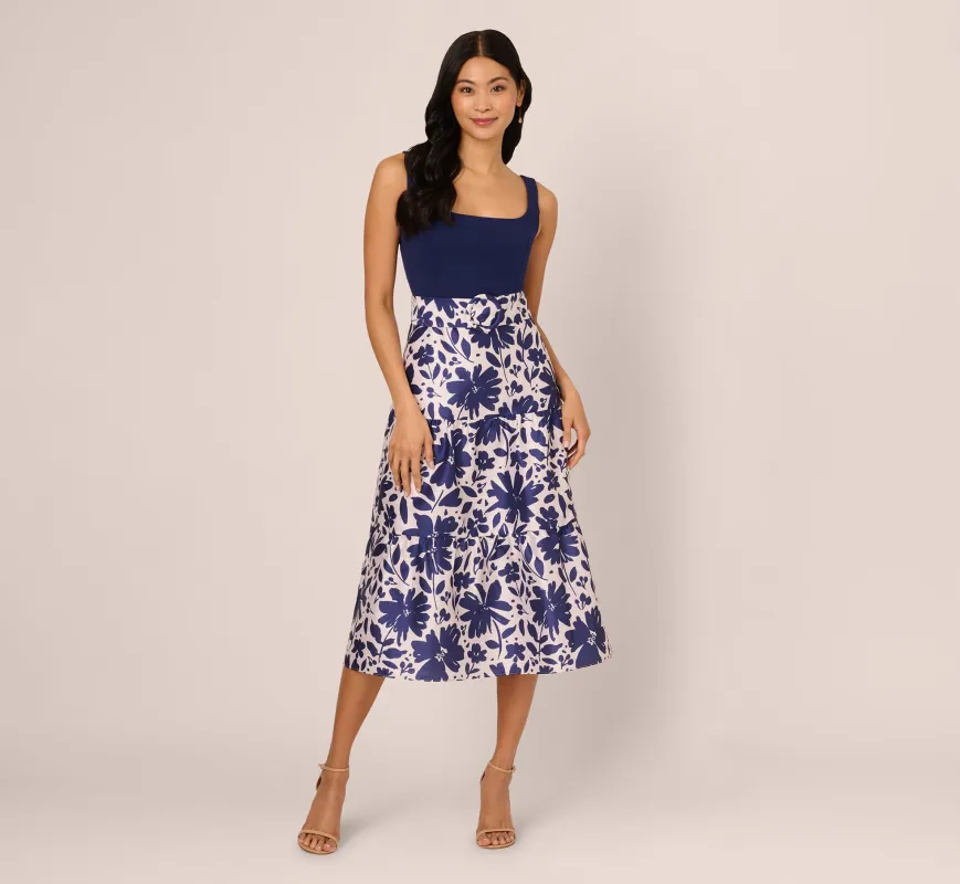 Sleeveless Floral Combo Flounce Dress In Navy Ivory sold by Adrianna Papell