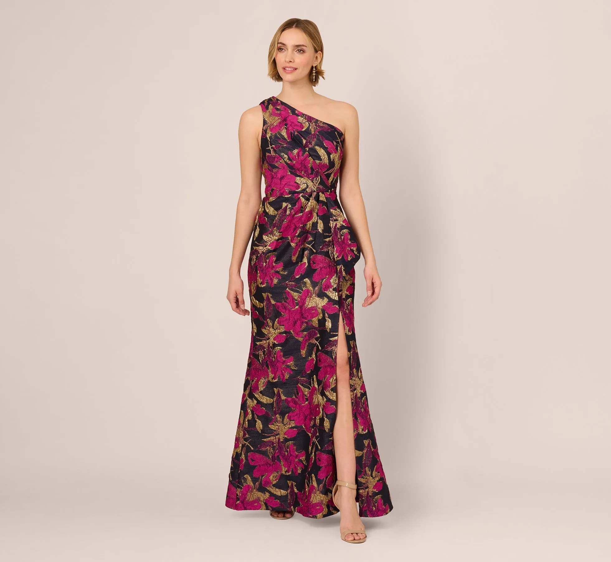 One Shoulder Jacquard Dress In Navy Pink sold by Adrianna Papell
