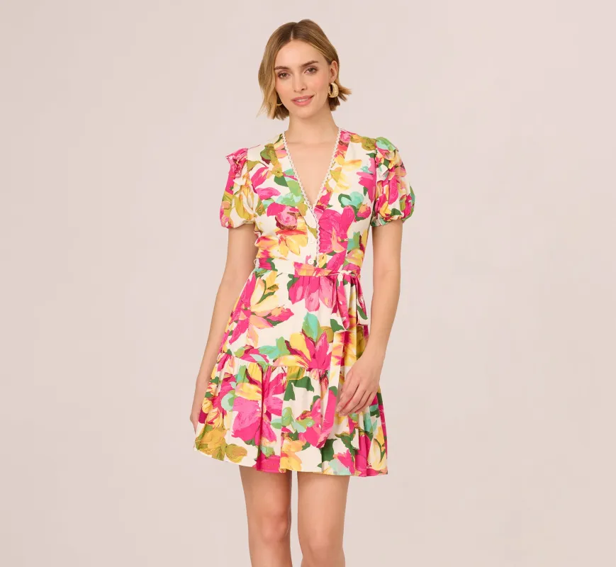 Puff Sleeve Flounce Mini Dress In White Multi sold by Adrianna Papell