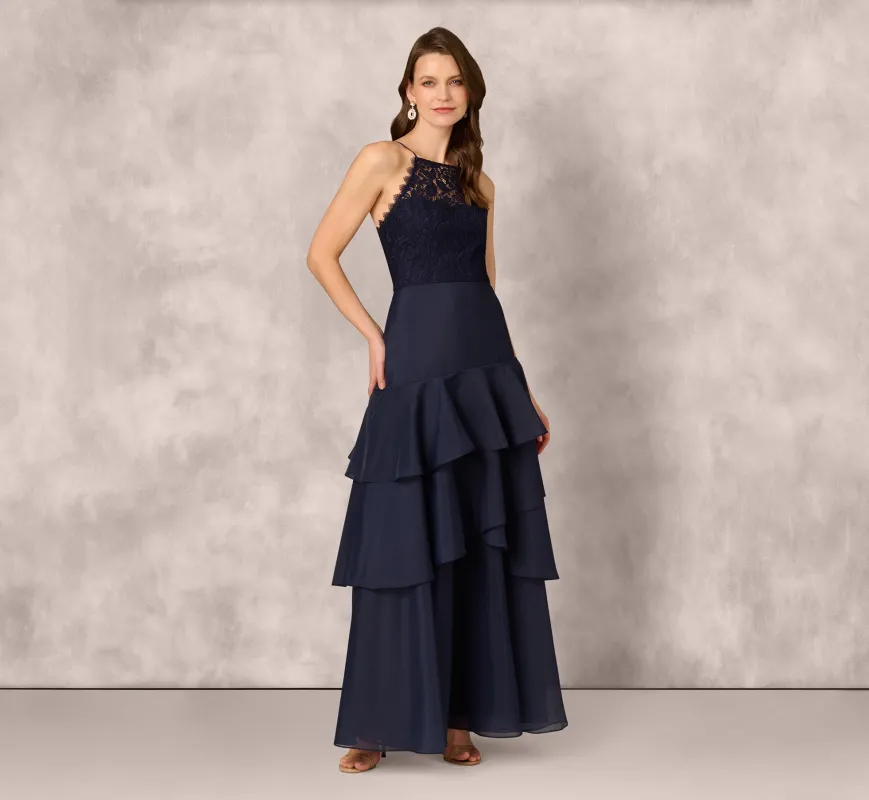 Lace Organza Halter Ballgown In Navy sold by Adrianna Papell