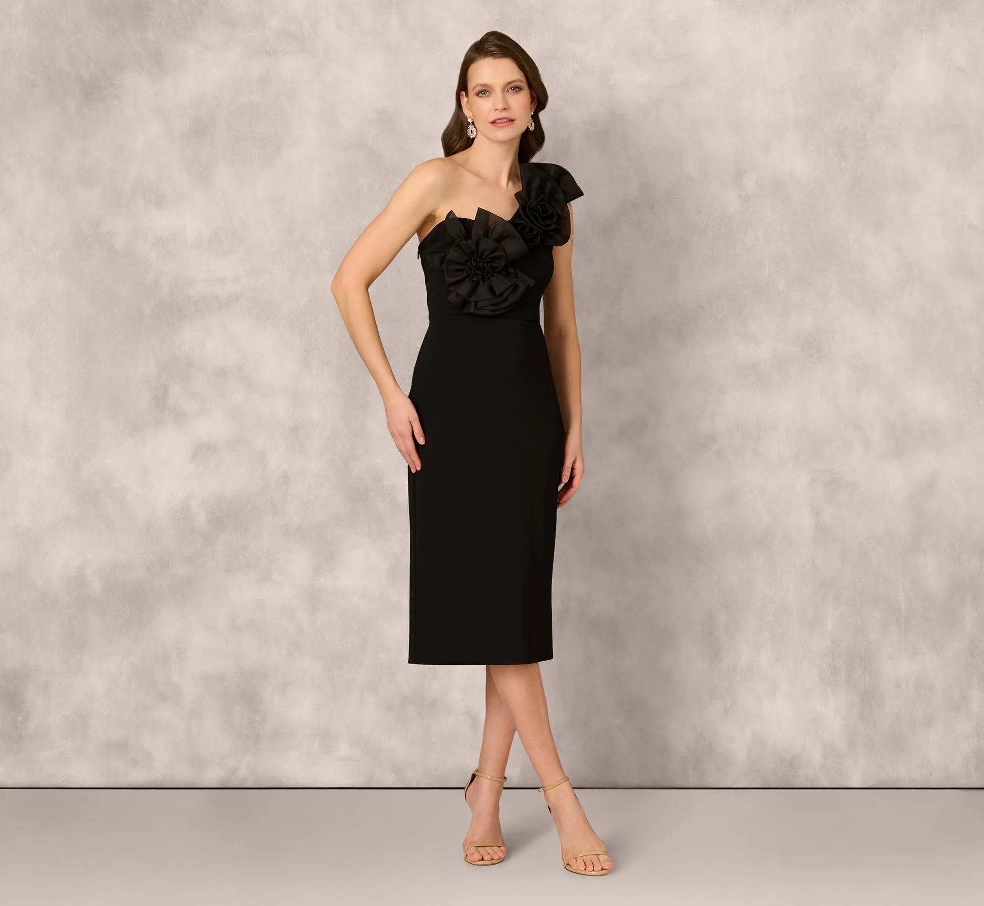 One Shoulder Rosette Midi Sheath Dress In Black sold by Adrianna Papell