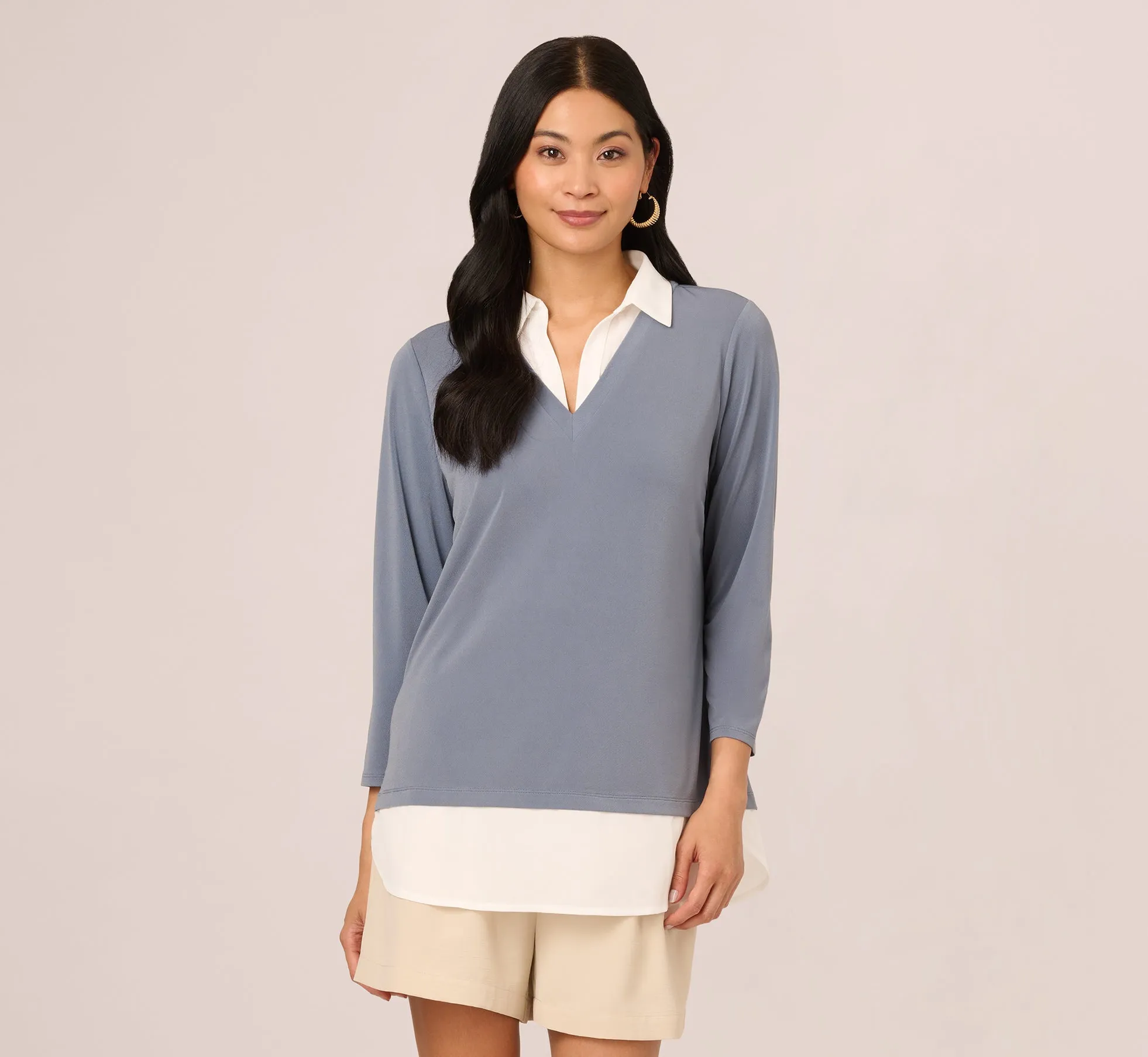 Three Quarter Sleeve Collared Twofer Sweater In Dusty Blue Ivory sold by Adrianna Papell