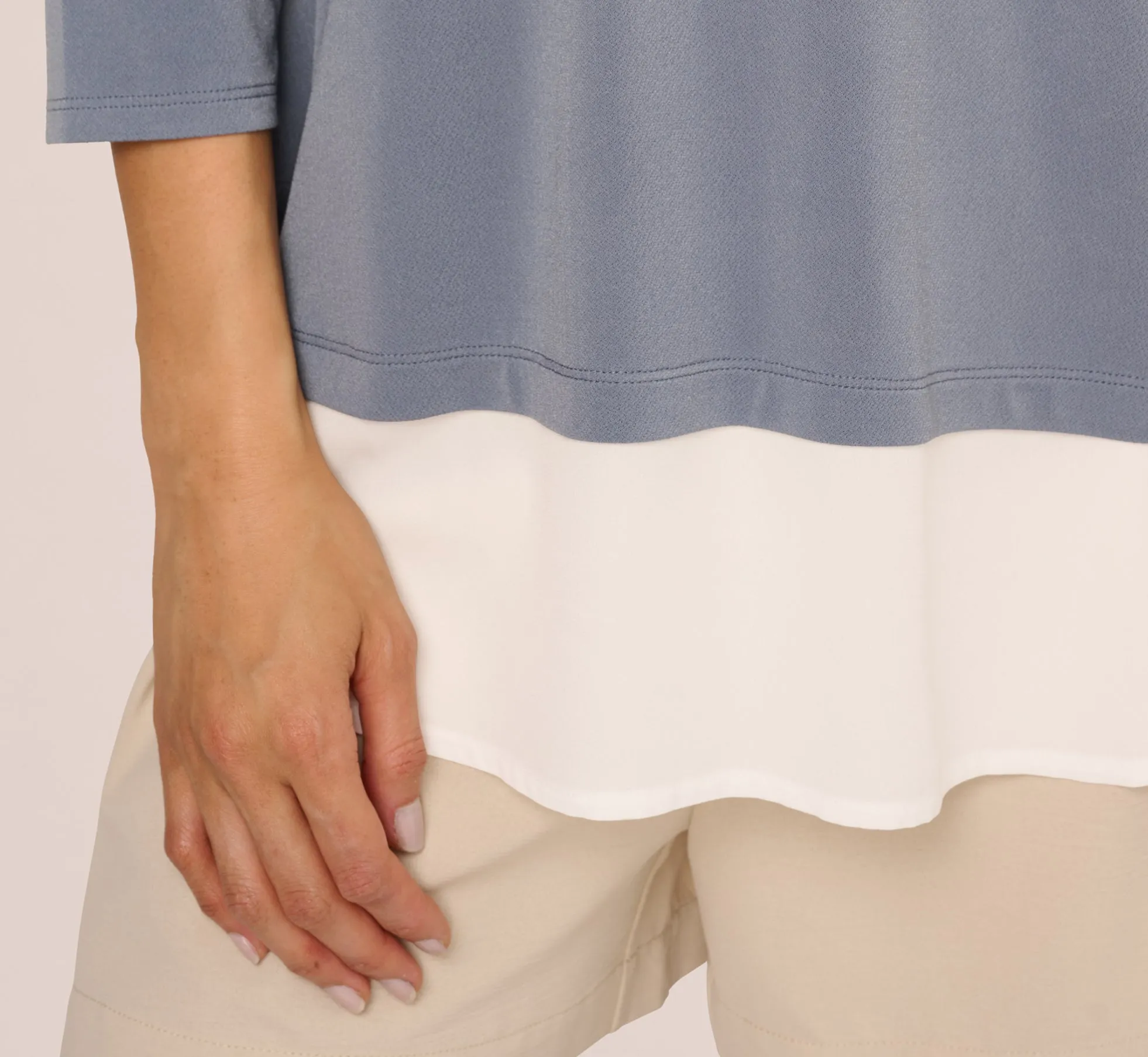 Three Quarter Sleeve Collared Twofer Sweater In Dusty Blue Ivory sold by Adrianna Papell product image thumbnail 4