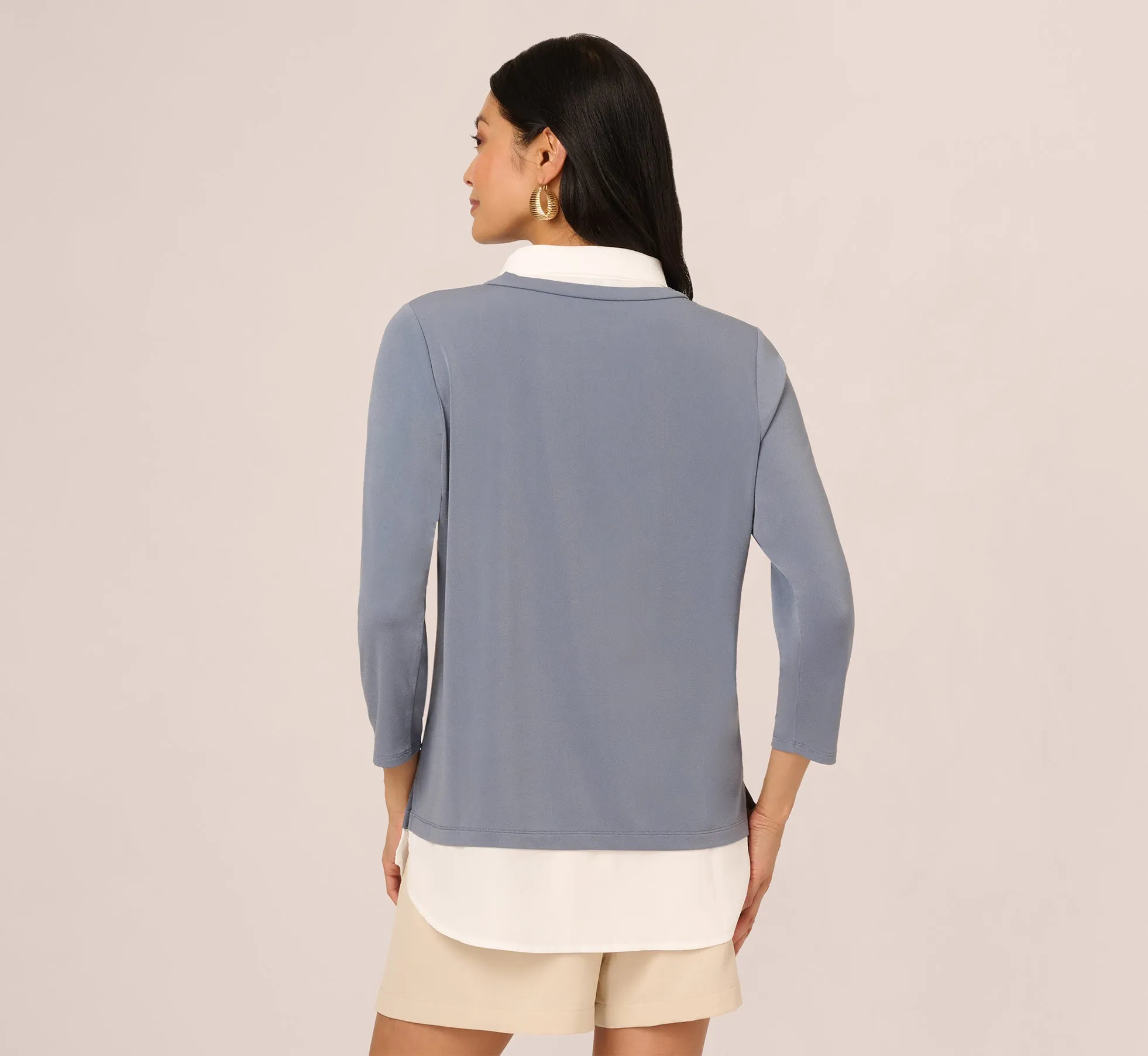 Three Quarter Sleeve Collared Twofer Sweater In Dusty Blue Ivory sold by Adrianna Papell product image thumbnail 5
