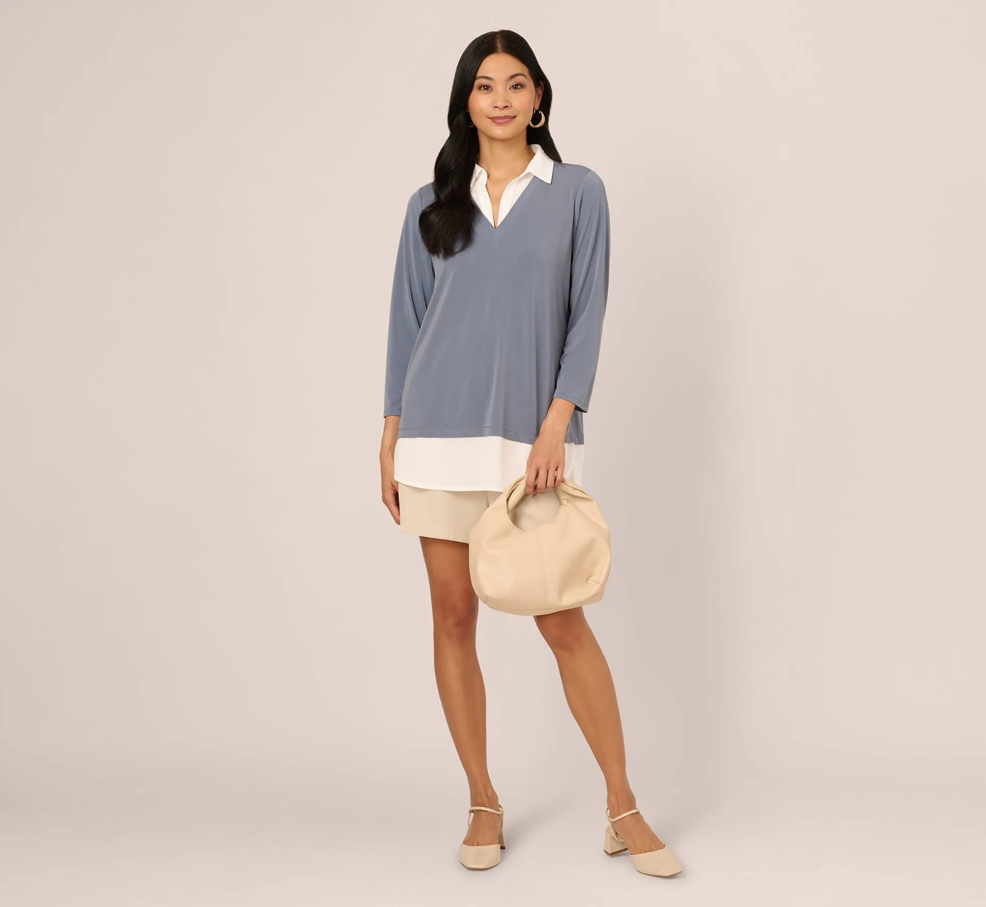 Three Quarter Sleeve Collared Twofer Sweater In Dusty Blue Ivory sold by Adrianna Papell product image thumbnail 2