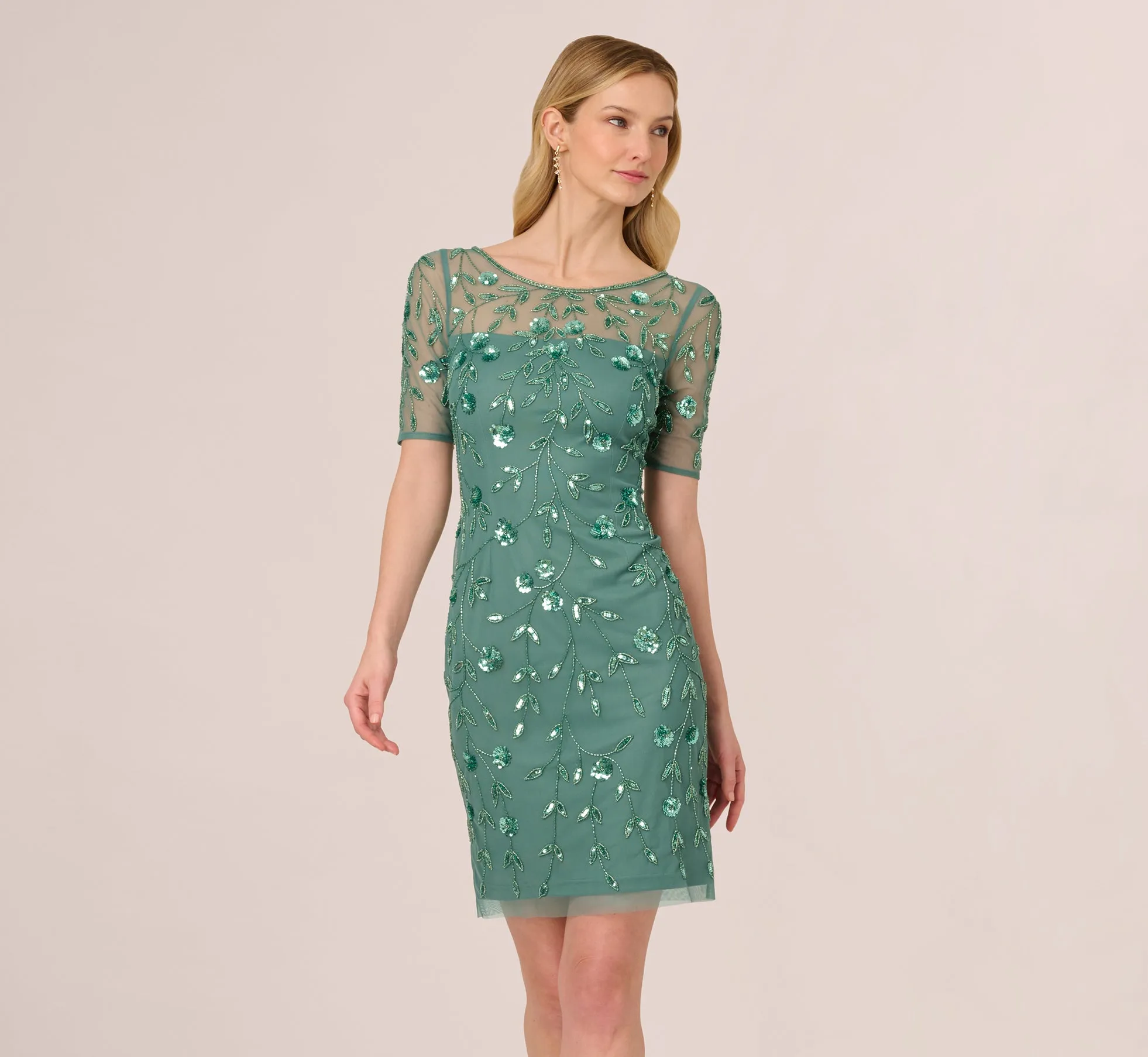 3D Floral Beaded Dress With Sheer Short Sleeves In Green Slate sold by Adrianna Papell