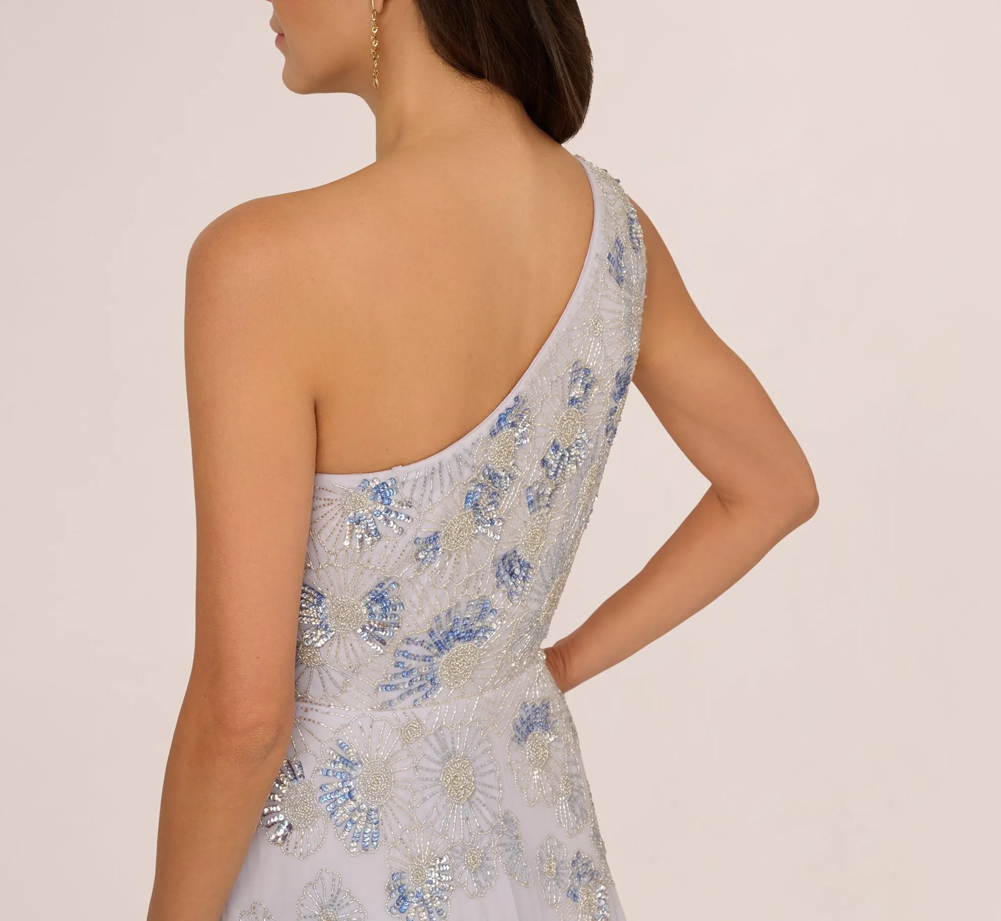 One Shoulder Beaded Mesh Gown In Serenity sold by Adrianna Papell product image thumbnail 4