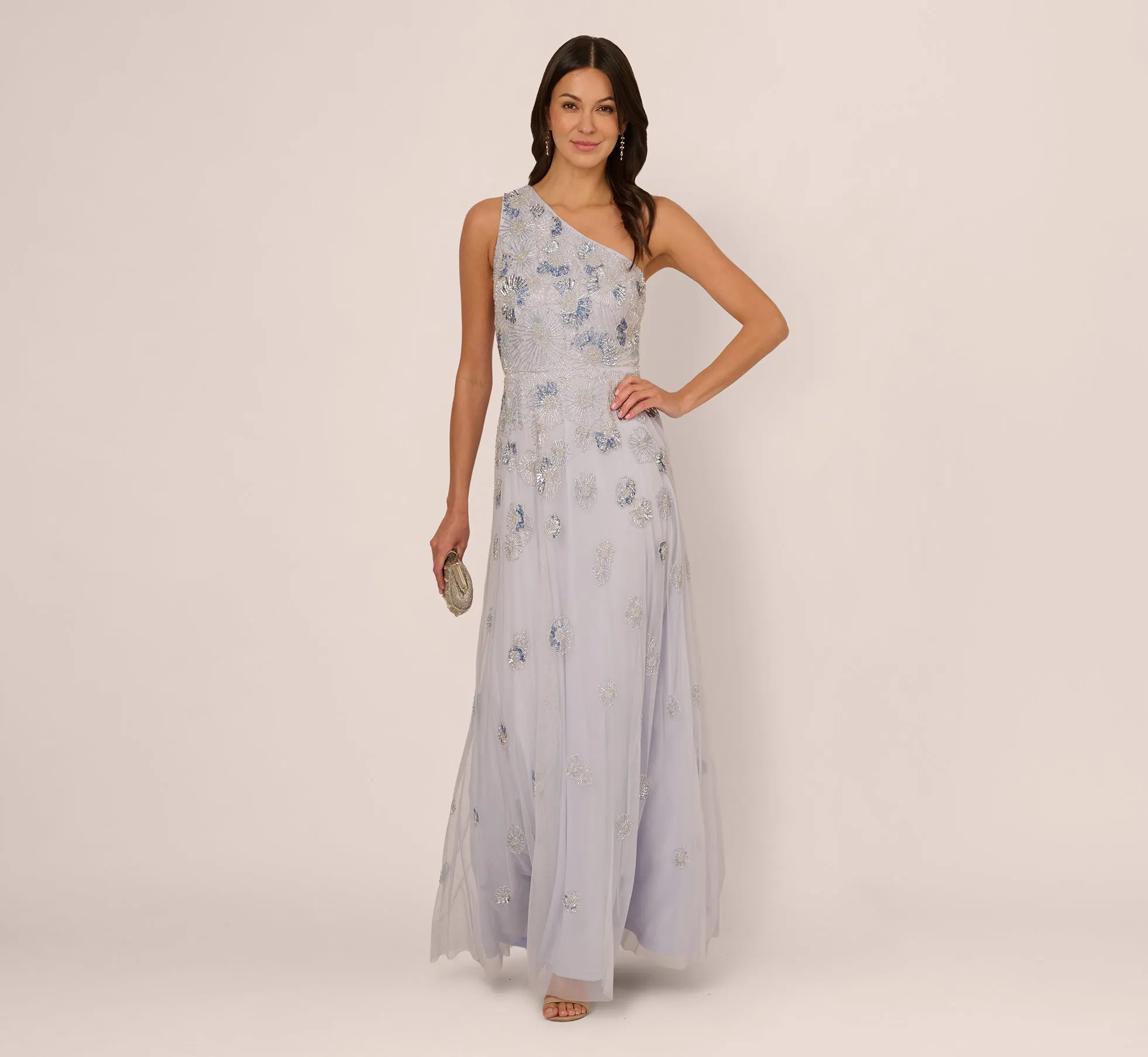 One Shoulder Beaded Mesh Gown In Serenity sold by Adrianna Papell product image thumbnail 2