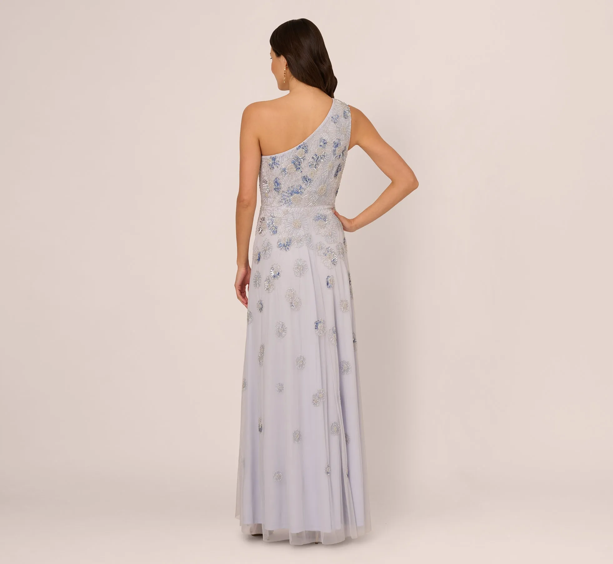 One Shoulder Beaded Mesh Gown In Serenity sold by Adrianna Papell product image thumbnail 5