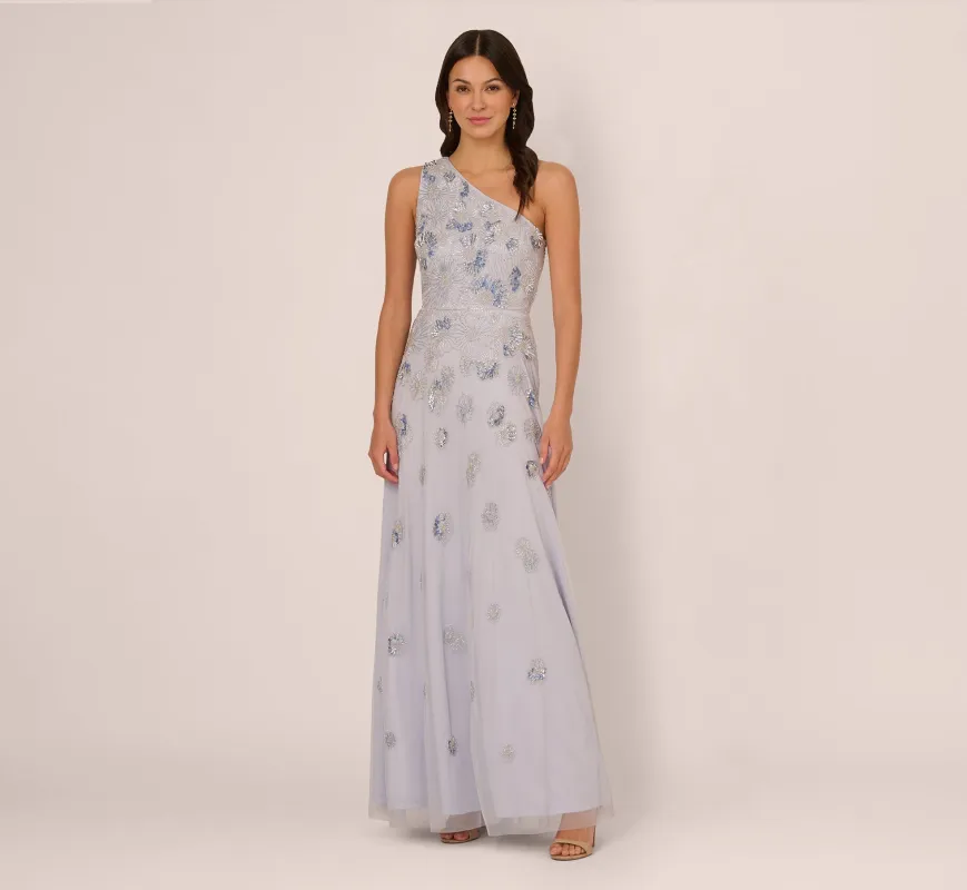 One Shoulder Beaded Mesh Gown In Serenity sold by Adrianna Papell