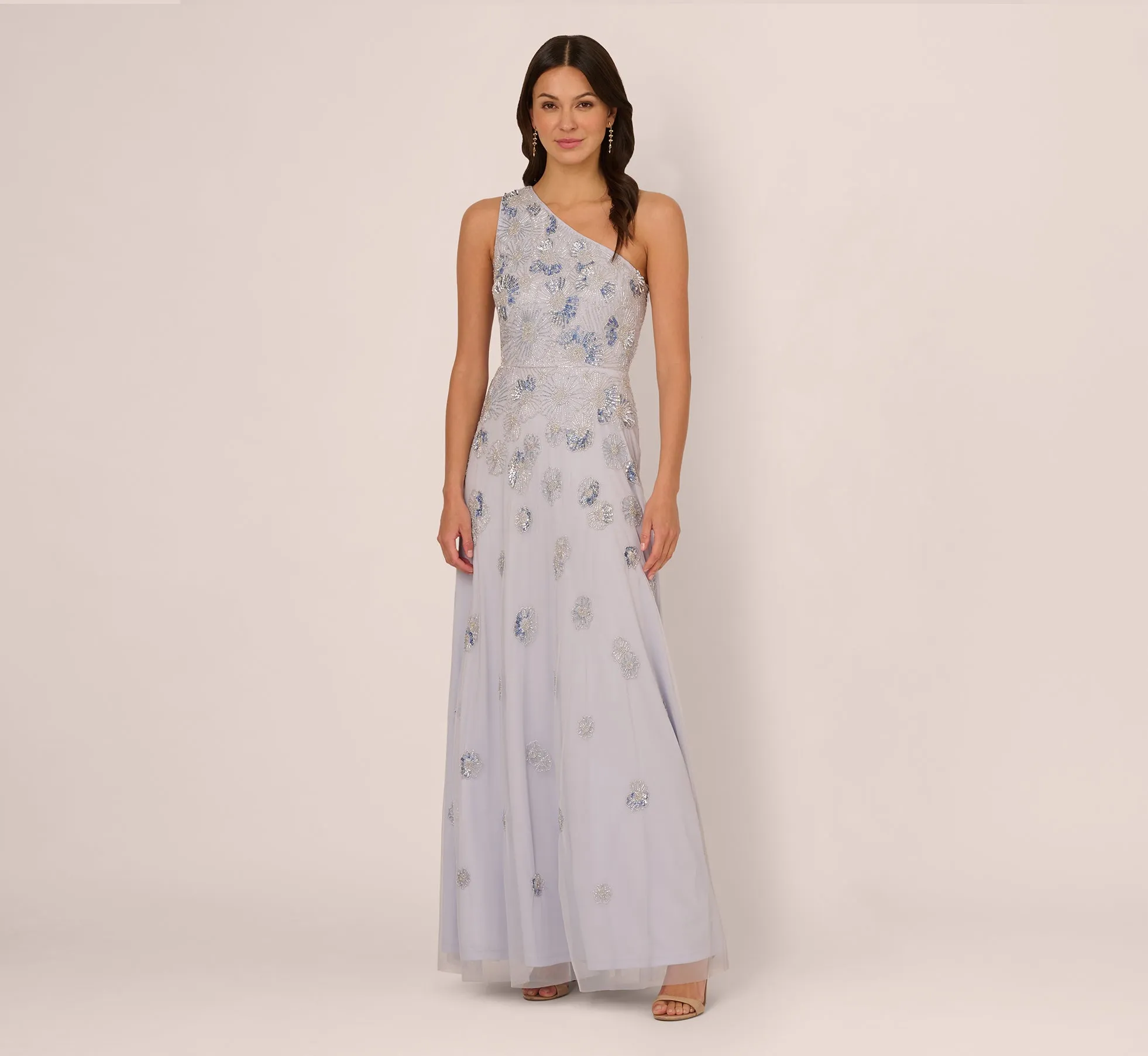 One Shoulder Beaded Mesh Gown In Serenity sold by Adrianna Papell