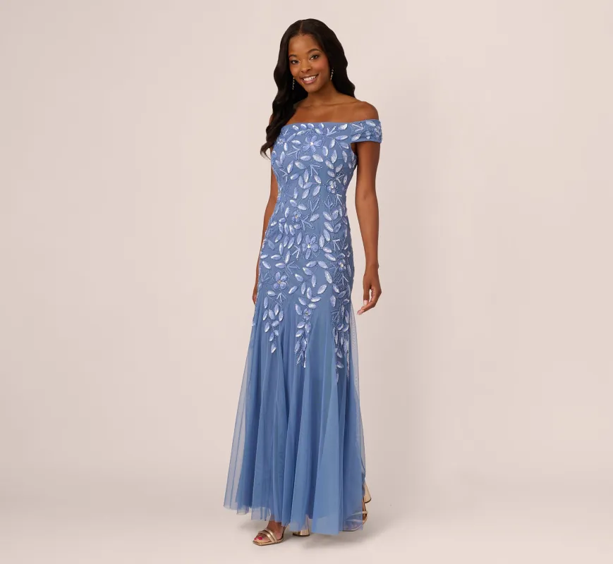 Off Shoulder Floral Beaded Godet Gown In French Blue sold by Adrianna Papell