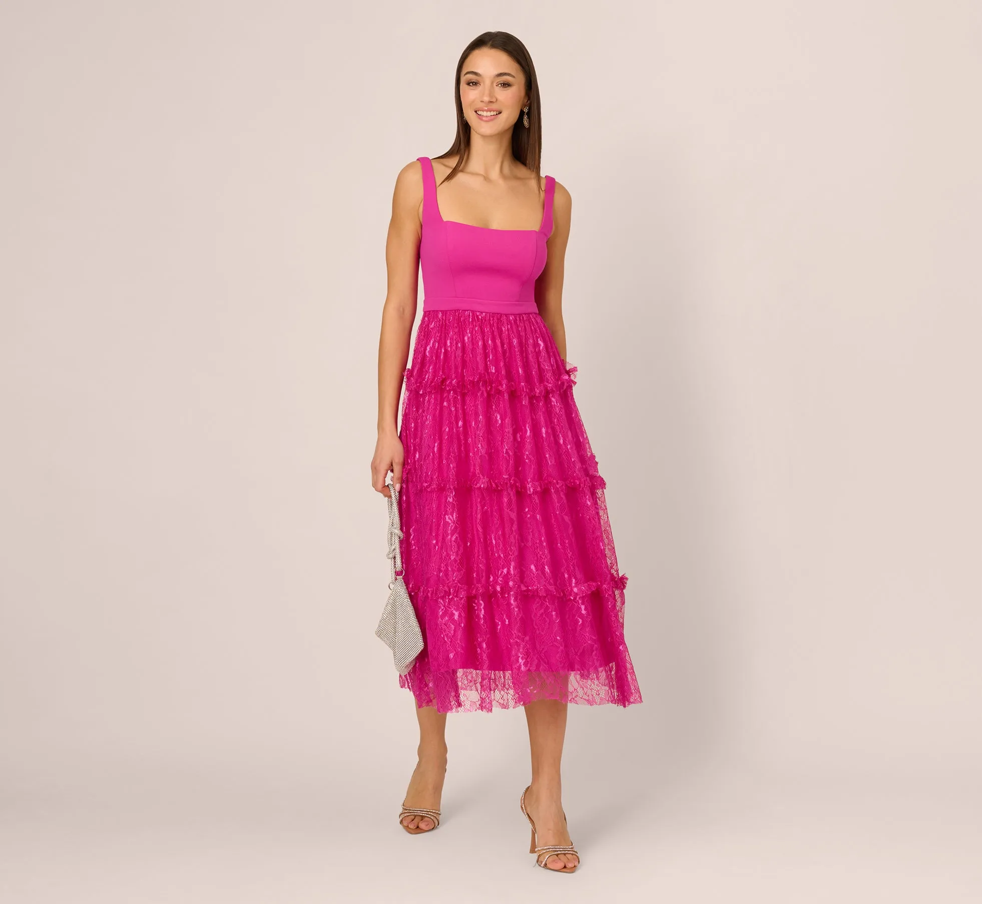 Sleeveless Square Neck Tiered Lace Midi Dress In Electric Passion sold by Adrianna Papell product image thumbnail 2