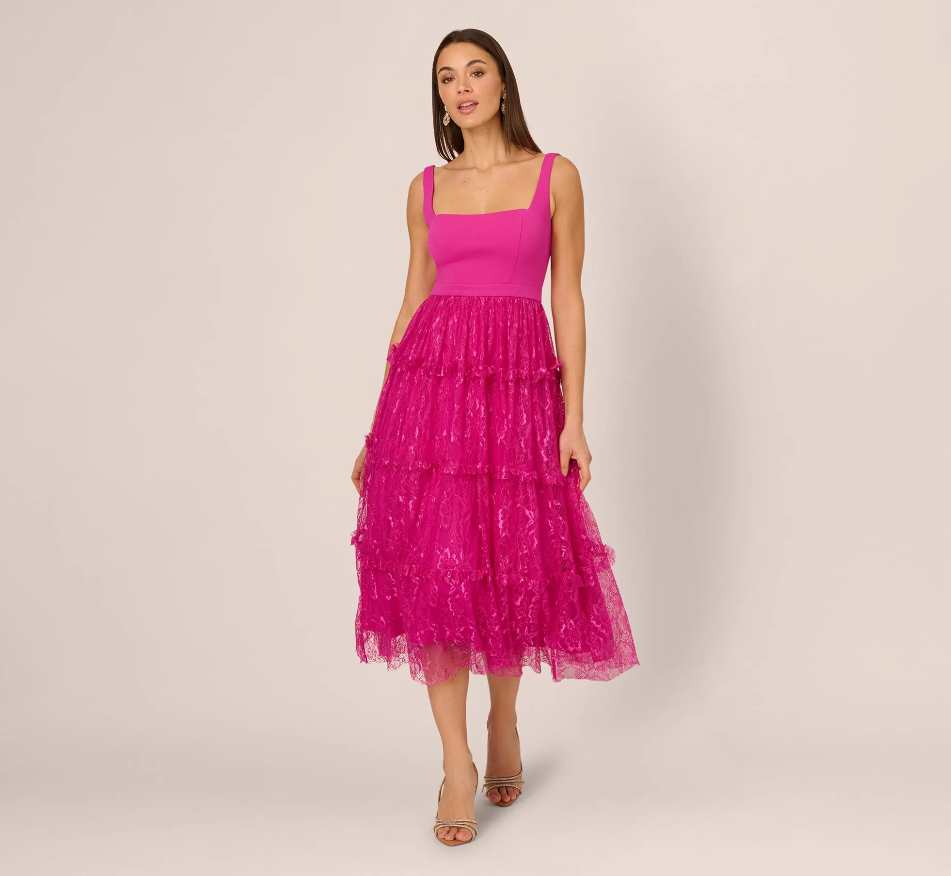 Sleeveless Square Neck Tiered Lace Midi Dress In Electric Passion sold by Adrianna Papell