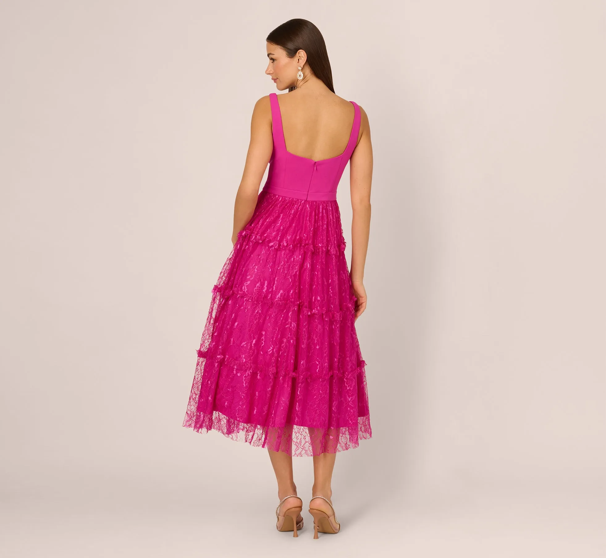 Sleeveless Square Neck Tiered Lace Midi Dress In Electric Passion sold by Adrianna Papell product image thumbnail 5