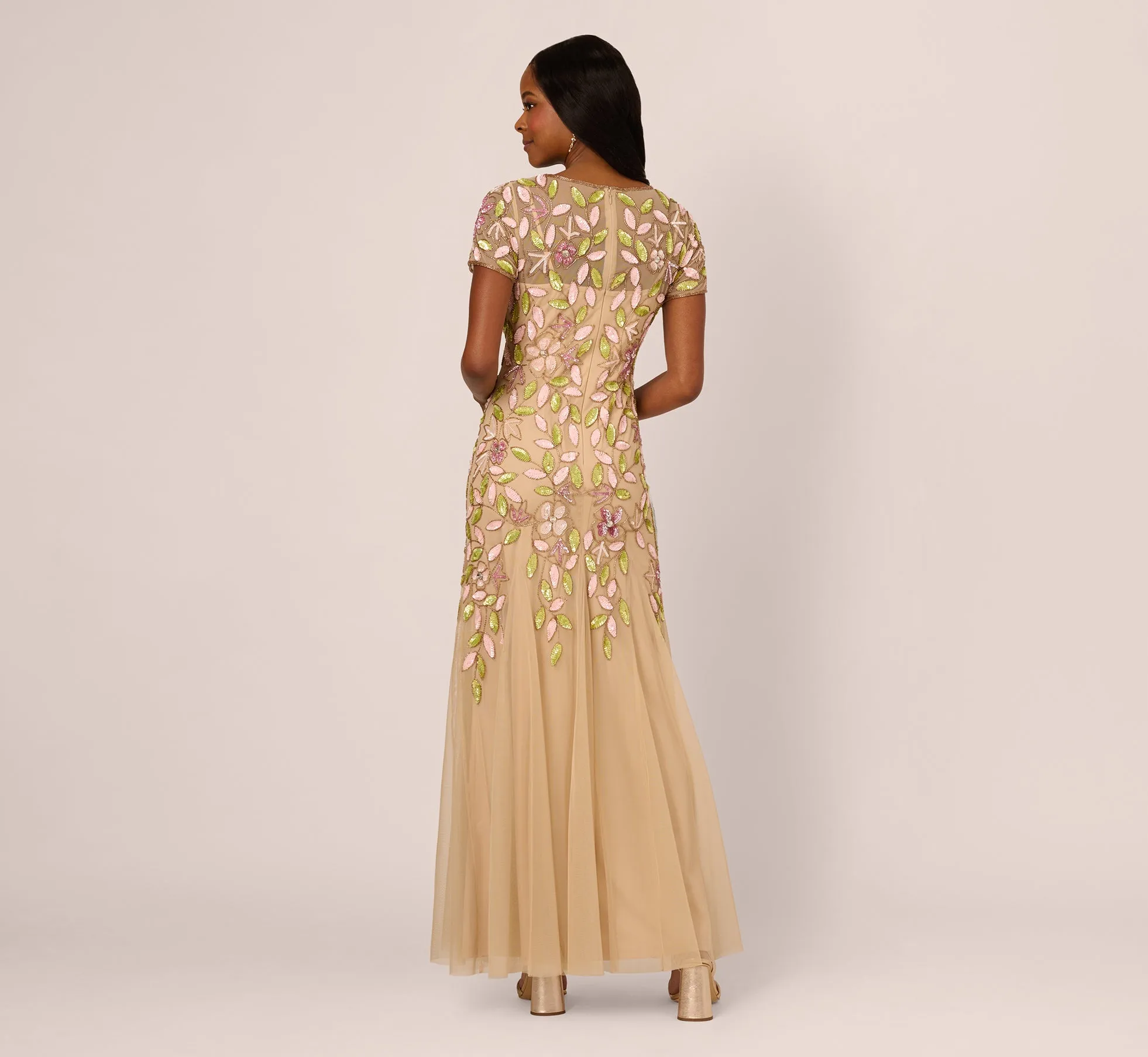 Short Sleeve Vine Beaded Godet Gown In Nude Multi sold by Adrianna Papell product image thumbnail 5