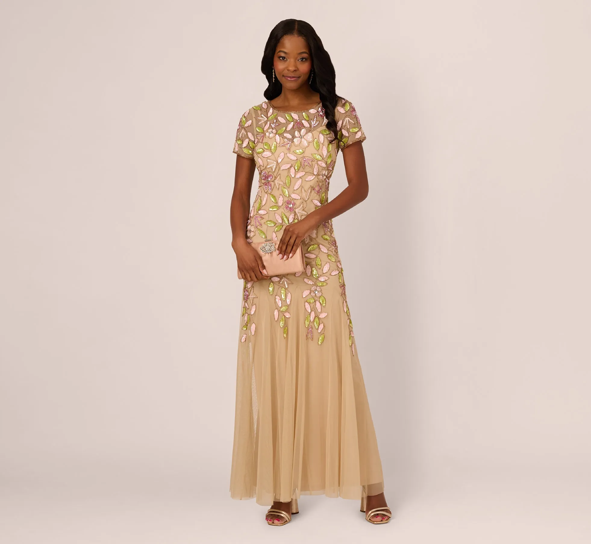 Short Sleeve Vine Beaded Godet Gown In Nude Multi sold by Adrianna Papell product image thumbnail 2