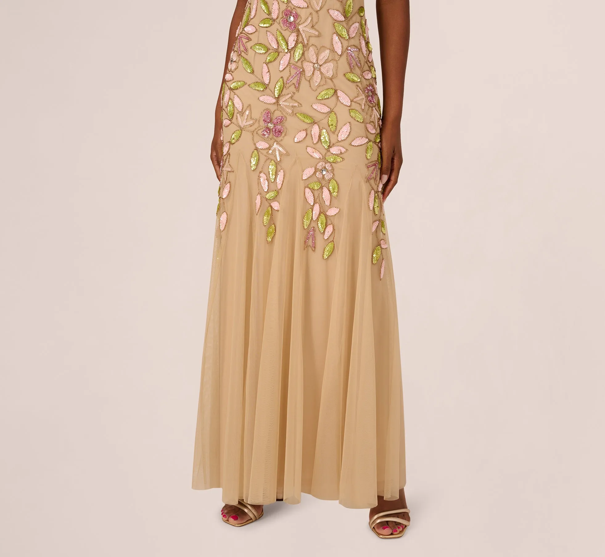 Short Sleeve Vine Beaded Godet Gown In Nude Multi sold by Adrianna Papell product image thumbnail 4