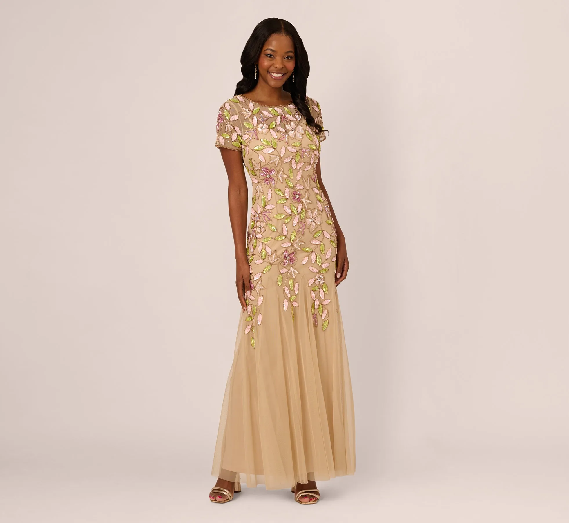 Short Sleeve Vine Beaded Godet Gown In Nude Multi sold by Adrianna Papell
