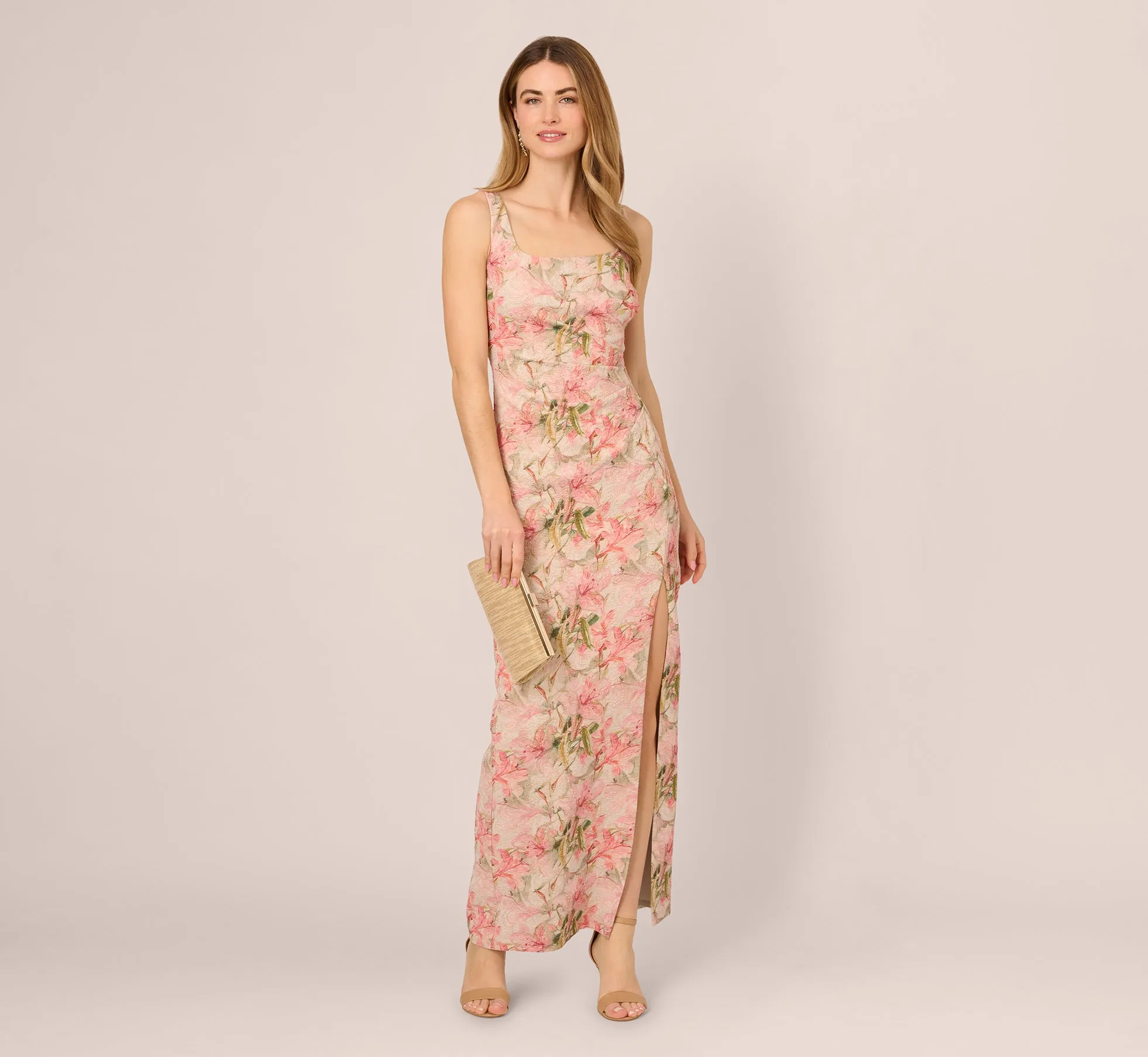 Sleeveless Metallic Floral Matelasse Gown In Coral Multi sold by Adrianna Papell product image thumbnail 2
